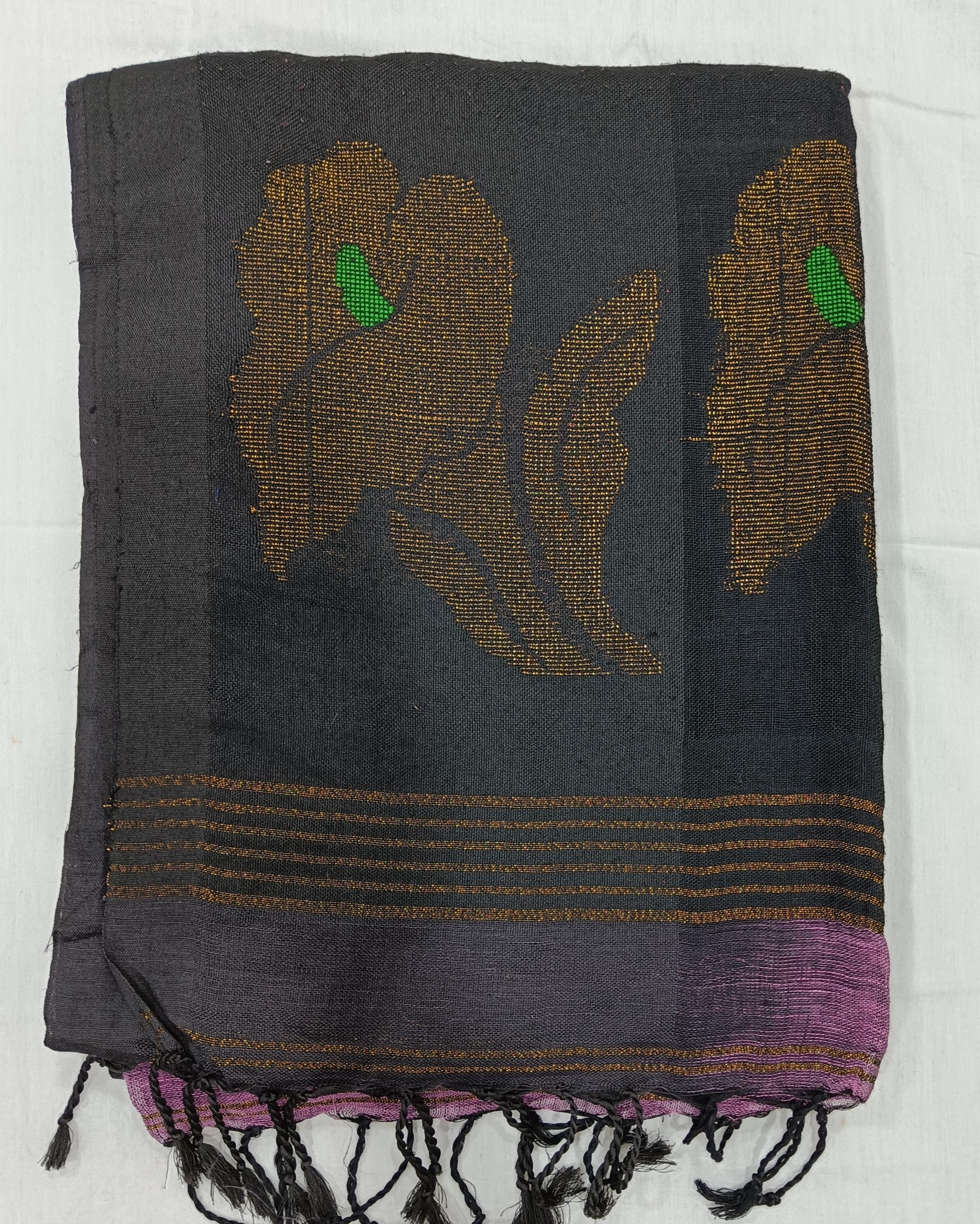 Lavender Linen Saree with Weaved Flowers and Black Pallu with Gold Zari Flowers