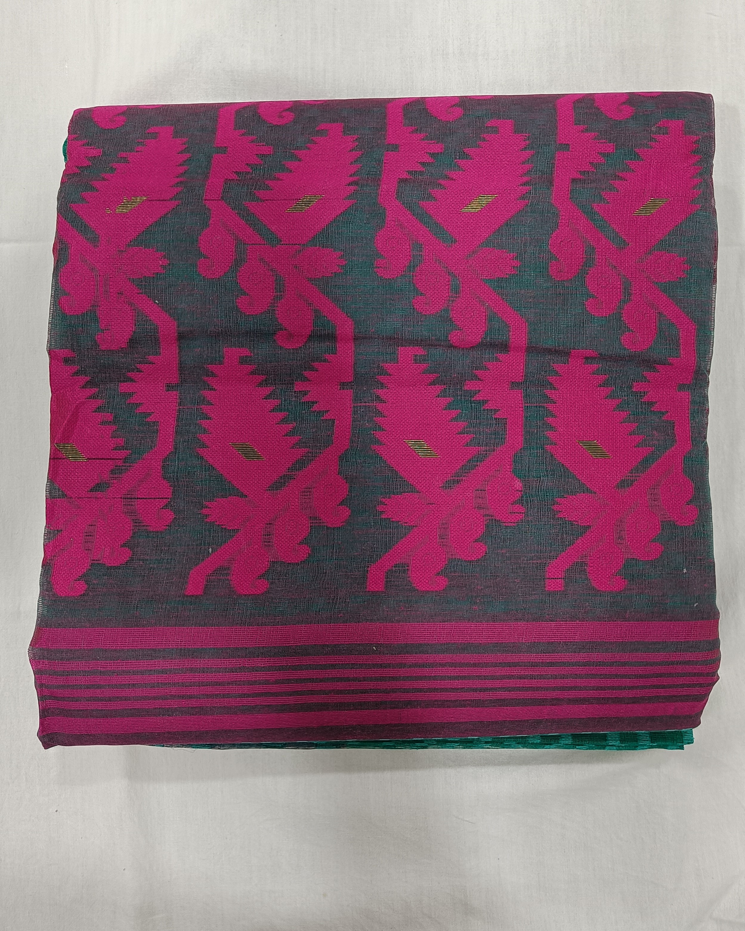 Bright Green Pure Cotton Jamdani Saree with Bright Pink Jaal Work on Pallu
