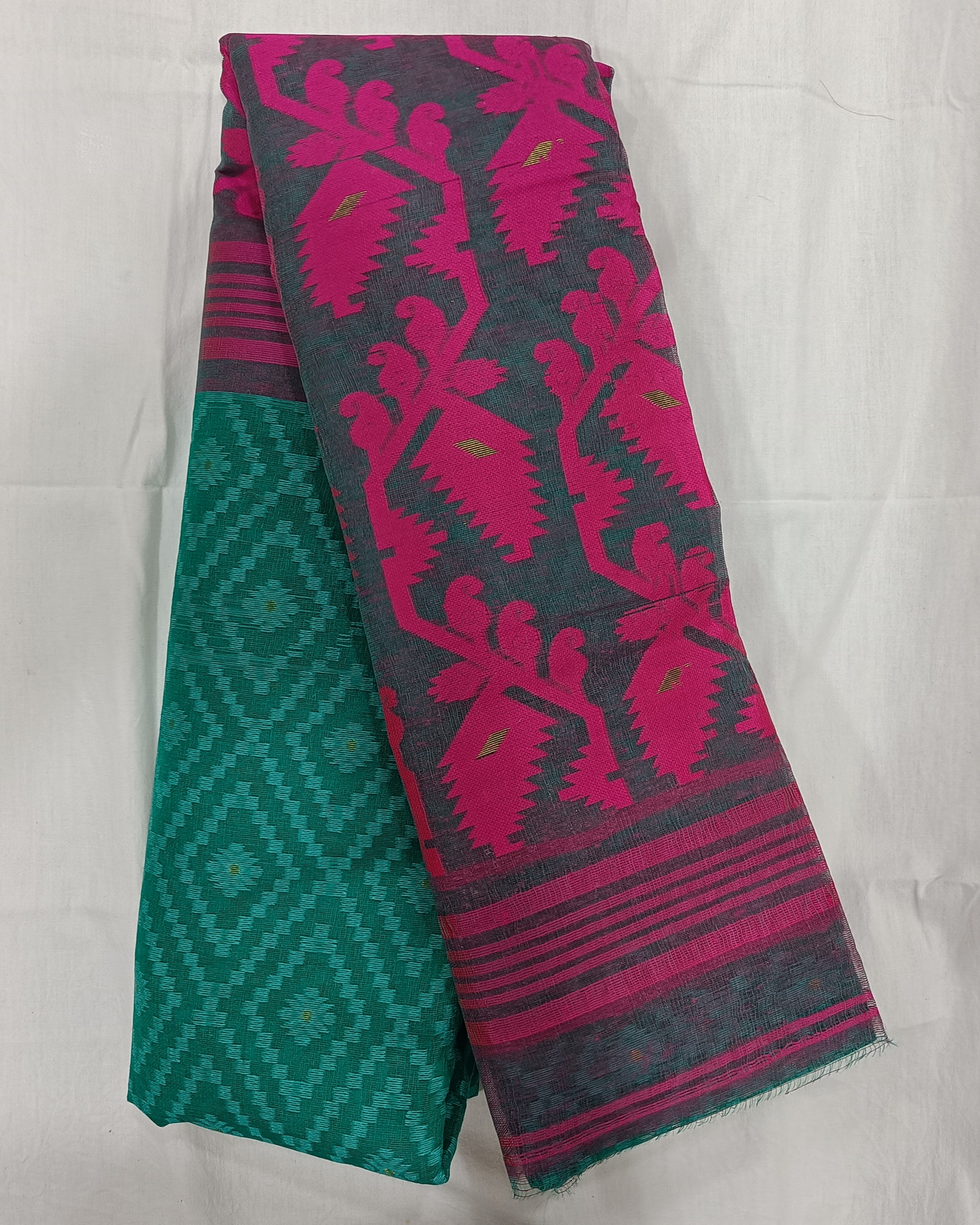 Bright Green Pure Cotton Jamdani Saree with Bright Pink Jaal Work on Pallu