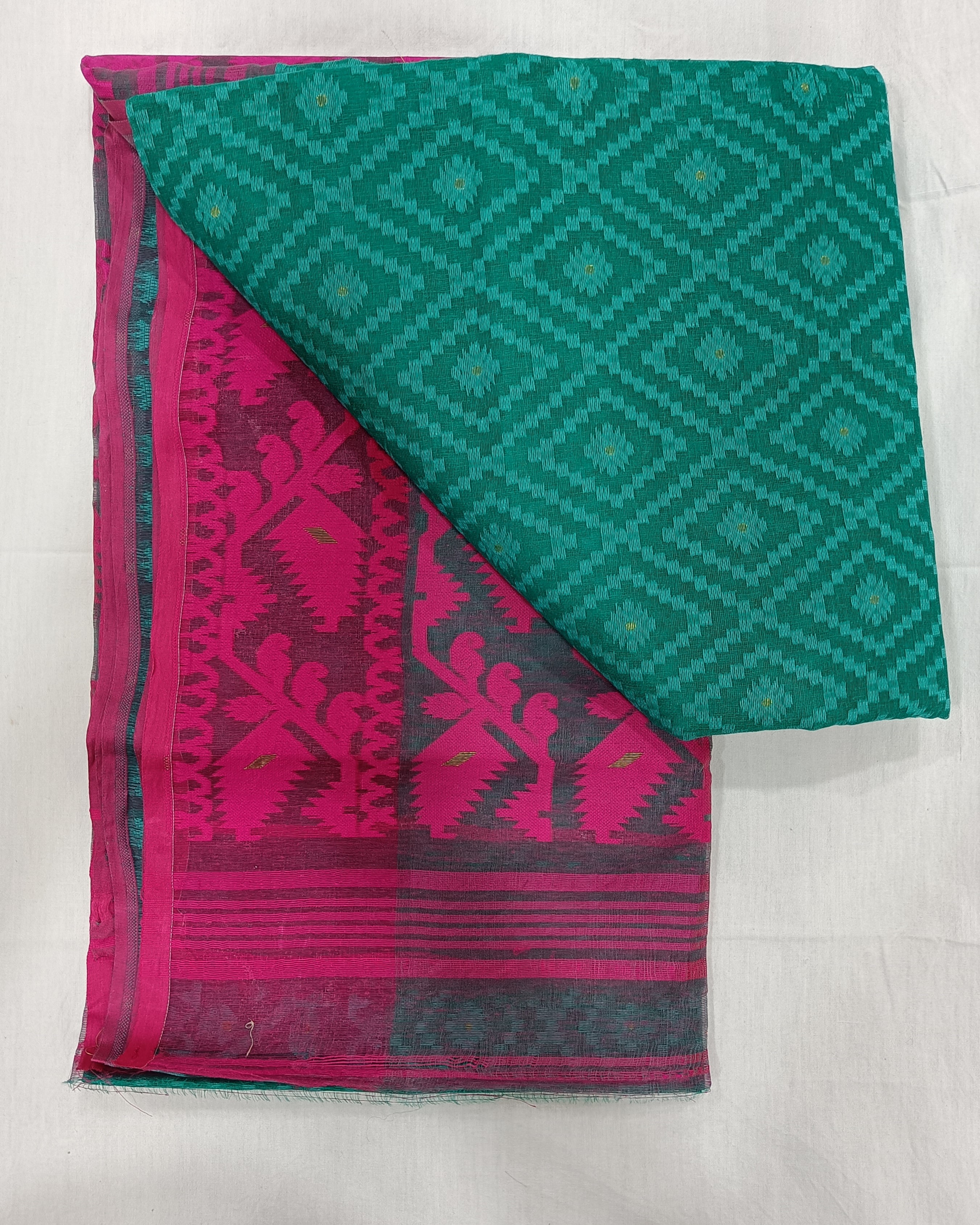 Bright Green Pure Cotton Jamdani Saree with Bright Pink Jaal Work on Pallu