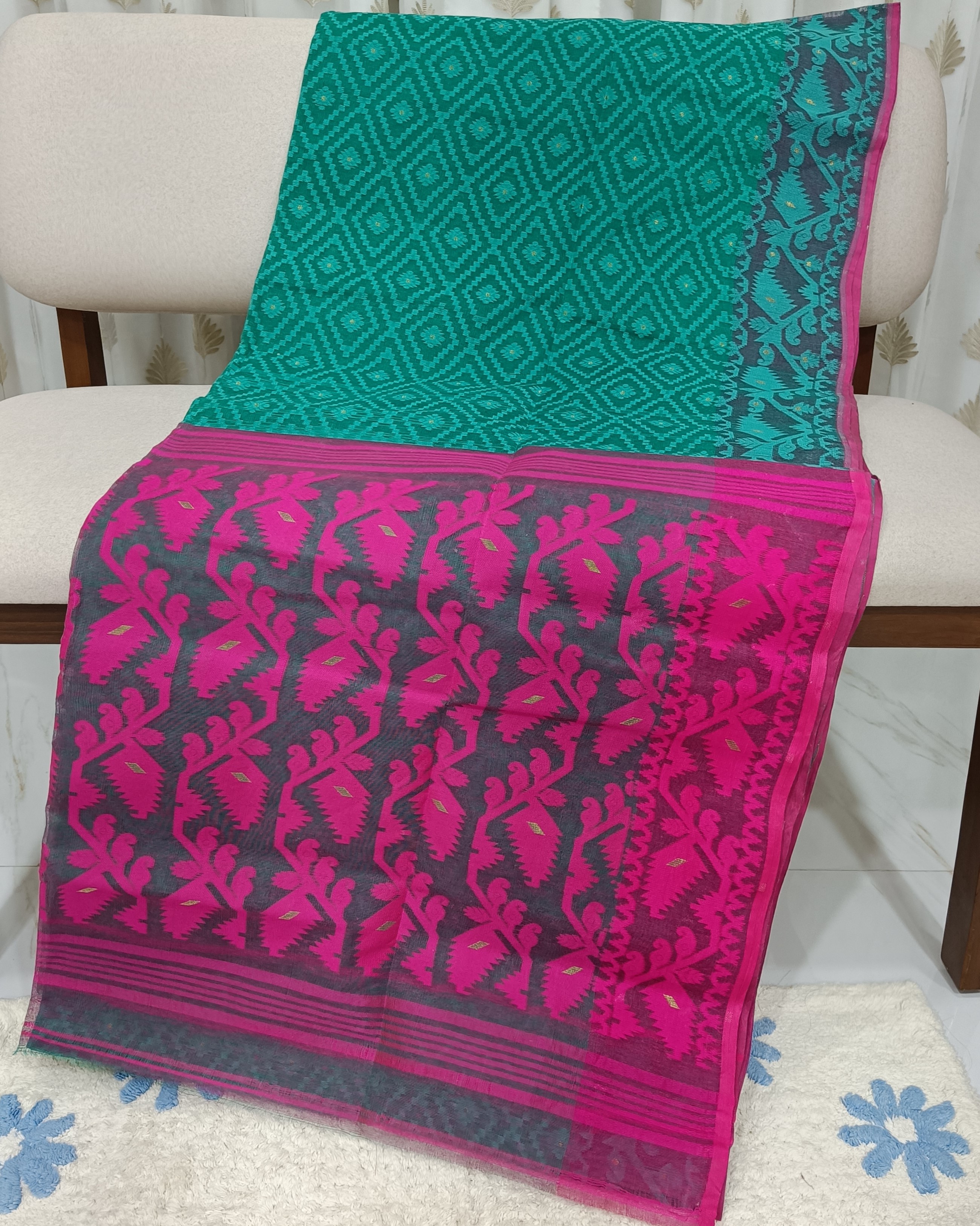 Bright Green Pure Cotton Jamdani Saree with Bright Pink Jaal Work on Pallu