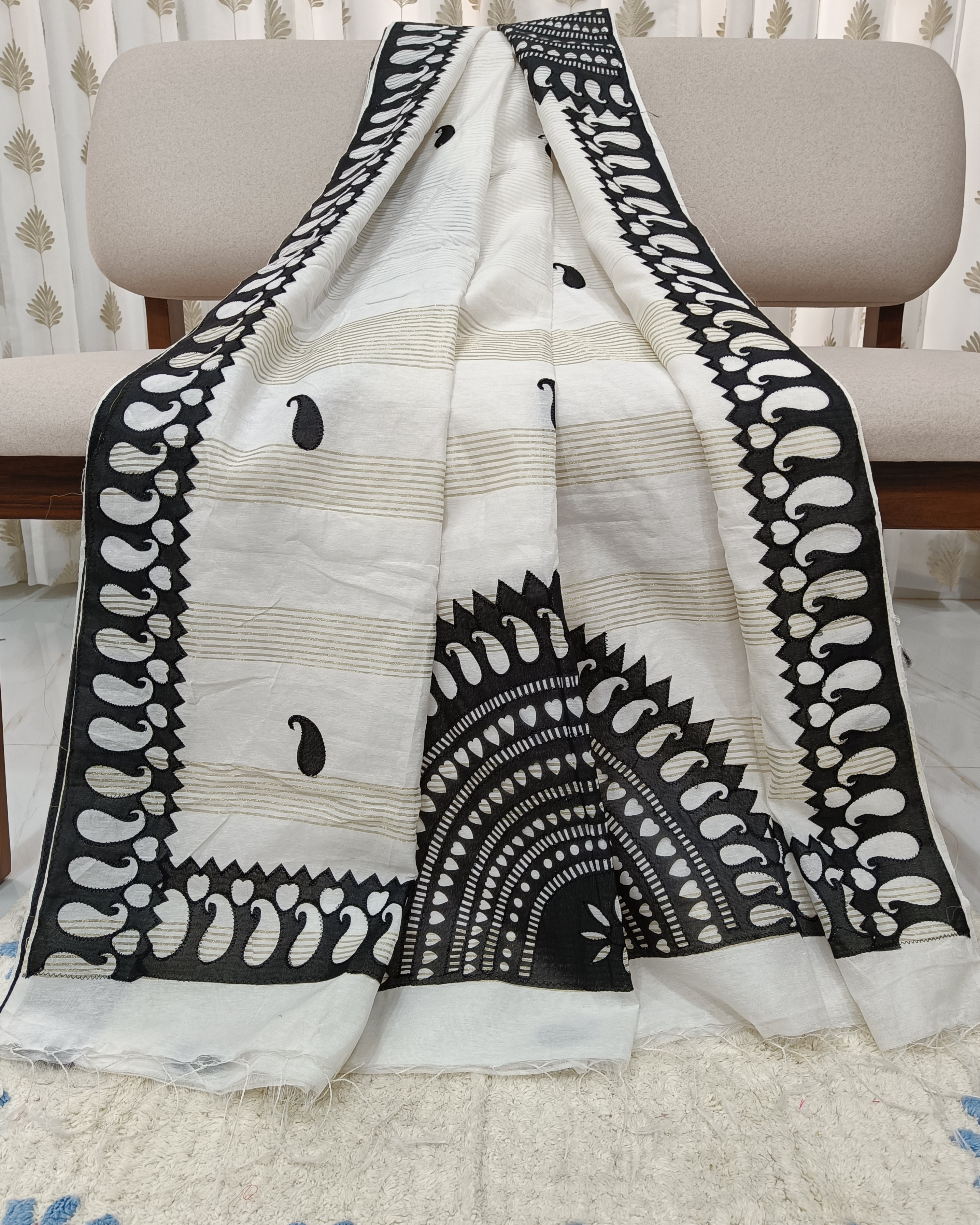 White Kota Fabric and Black Applique Work on it