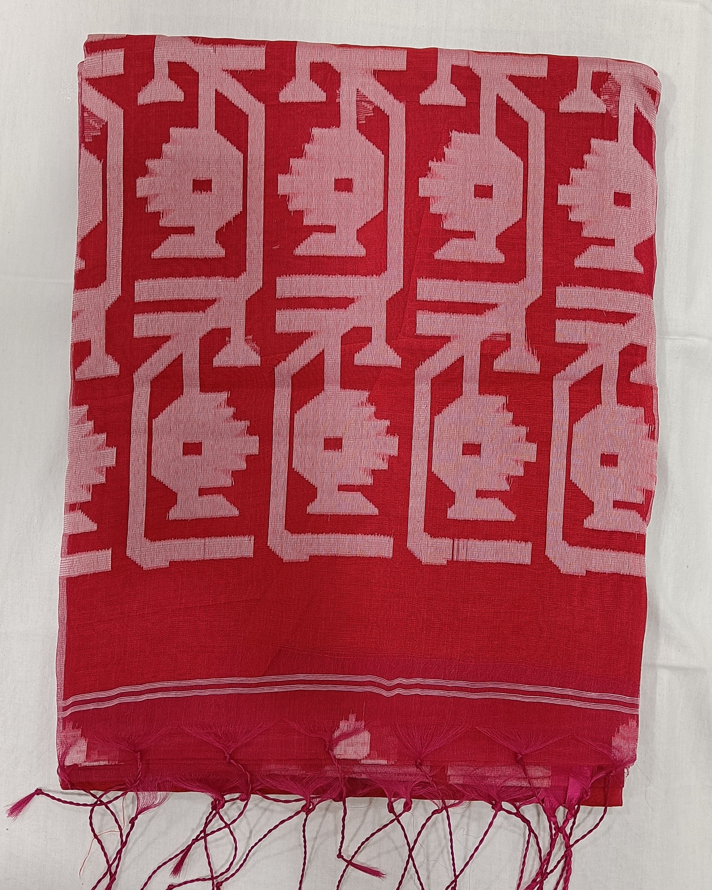 Red Transparent Muslin Saree with White Bhuta All Over & Jamdani Weave on Pallu