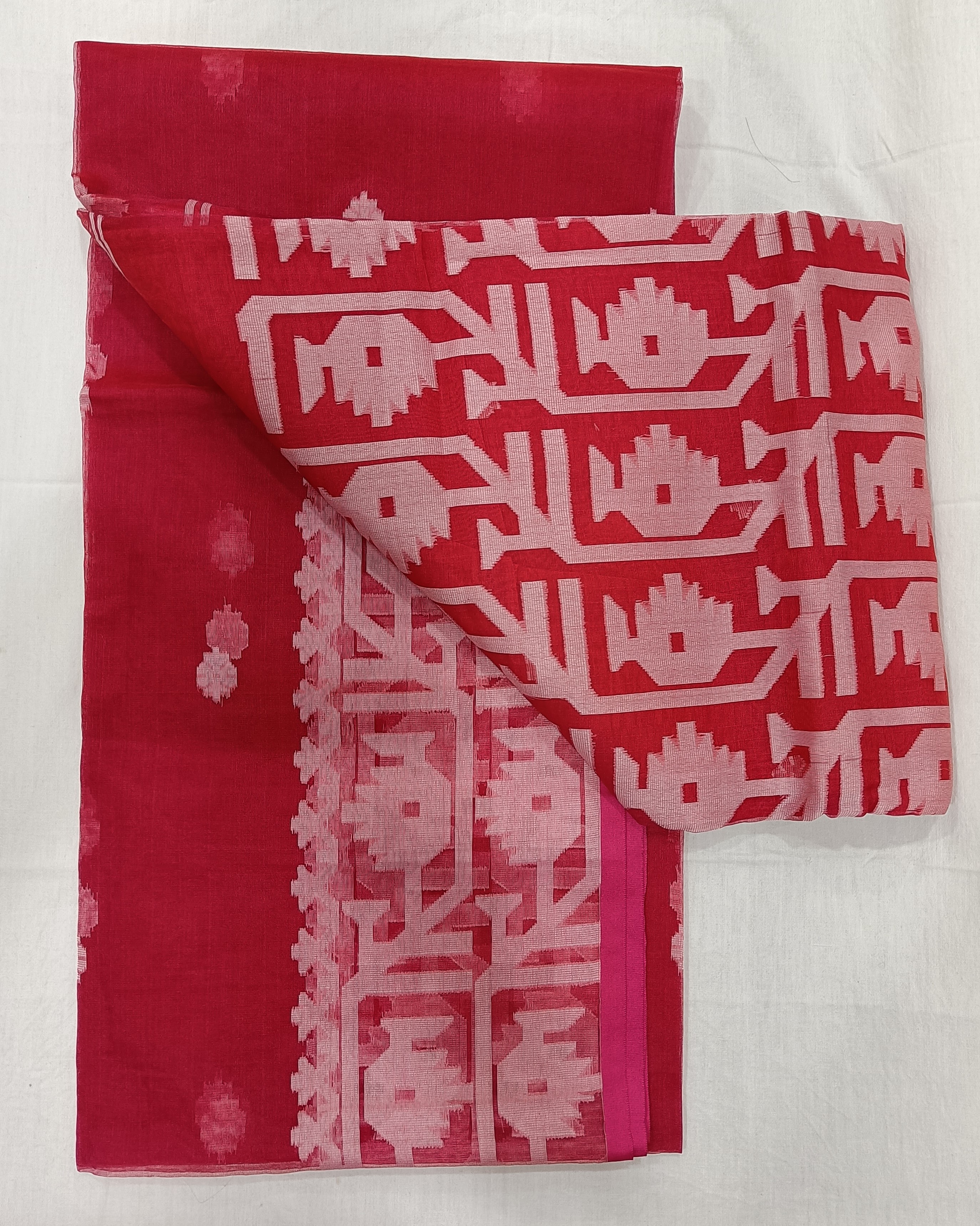 Red Transparent Muslin Saree with White Bhuta All Over & Jamdani Weave on Pallu