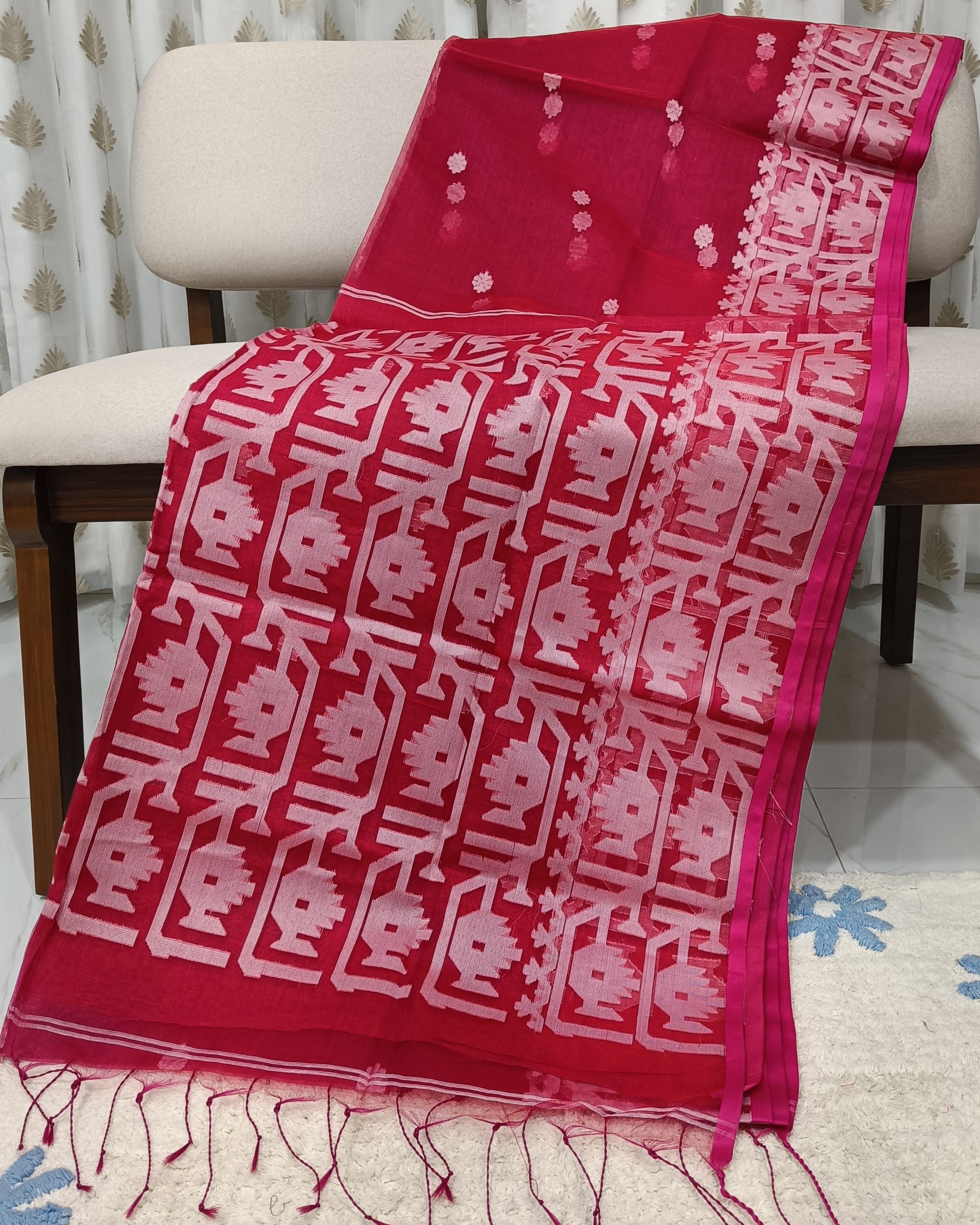 Red Transparent Muslin Saree with White Bhuta All Over & Jamdani Weave on Pallu