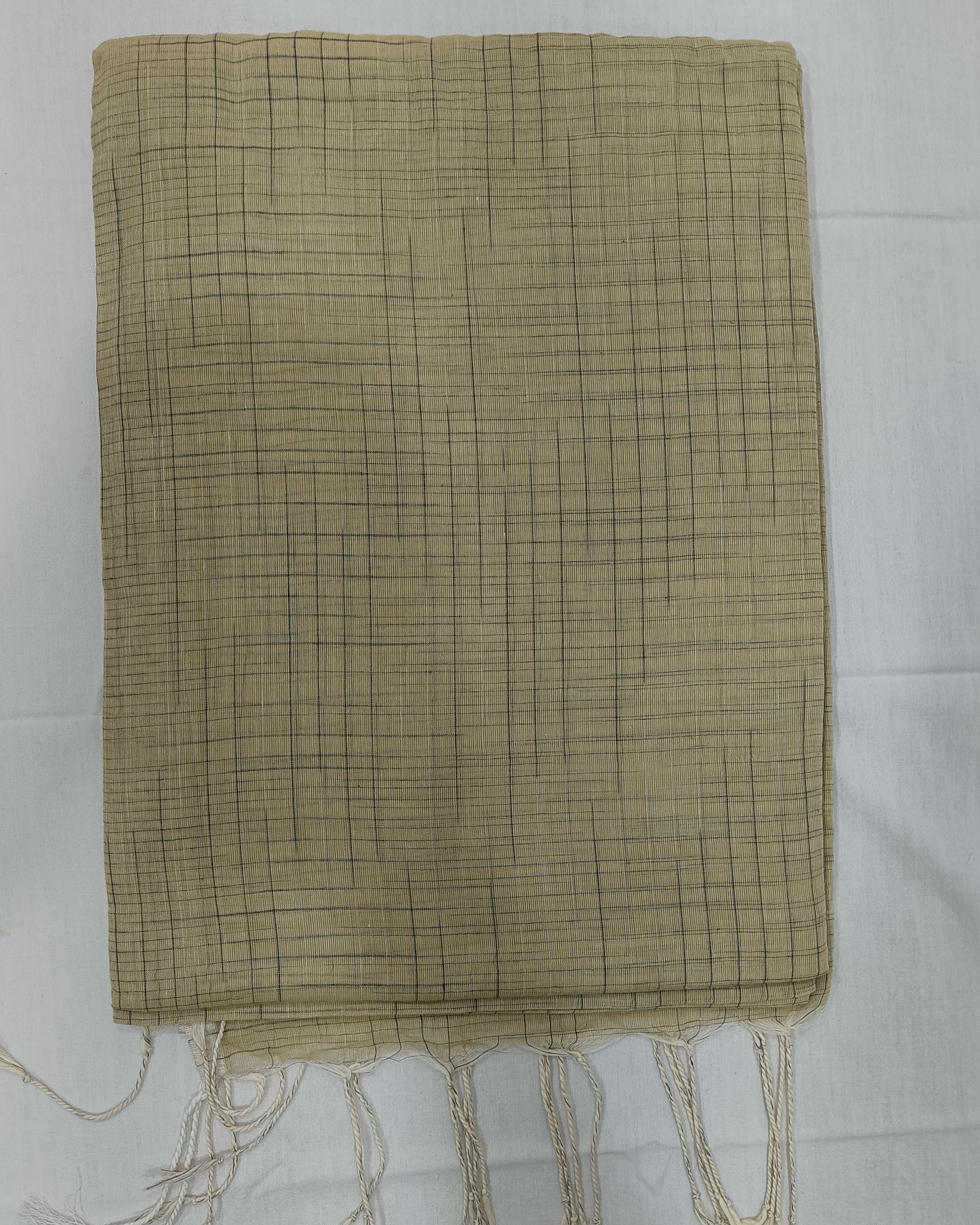 Cream Mulmul Saree with Black Khes Weaving All Over