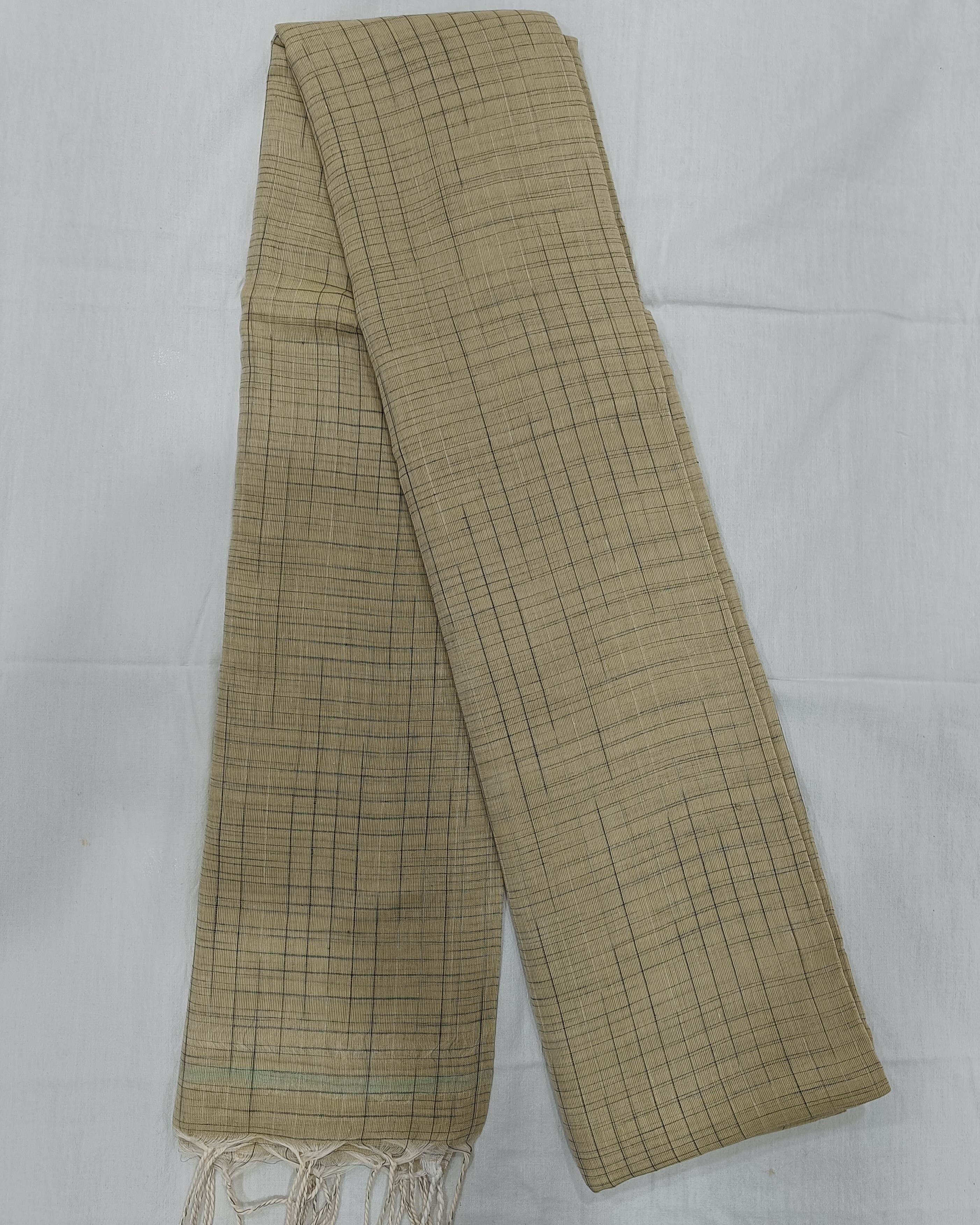 Cream Mulmul Saree with Black Khes Weaving All Over