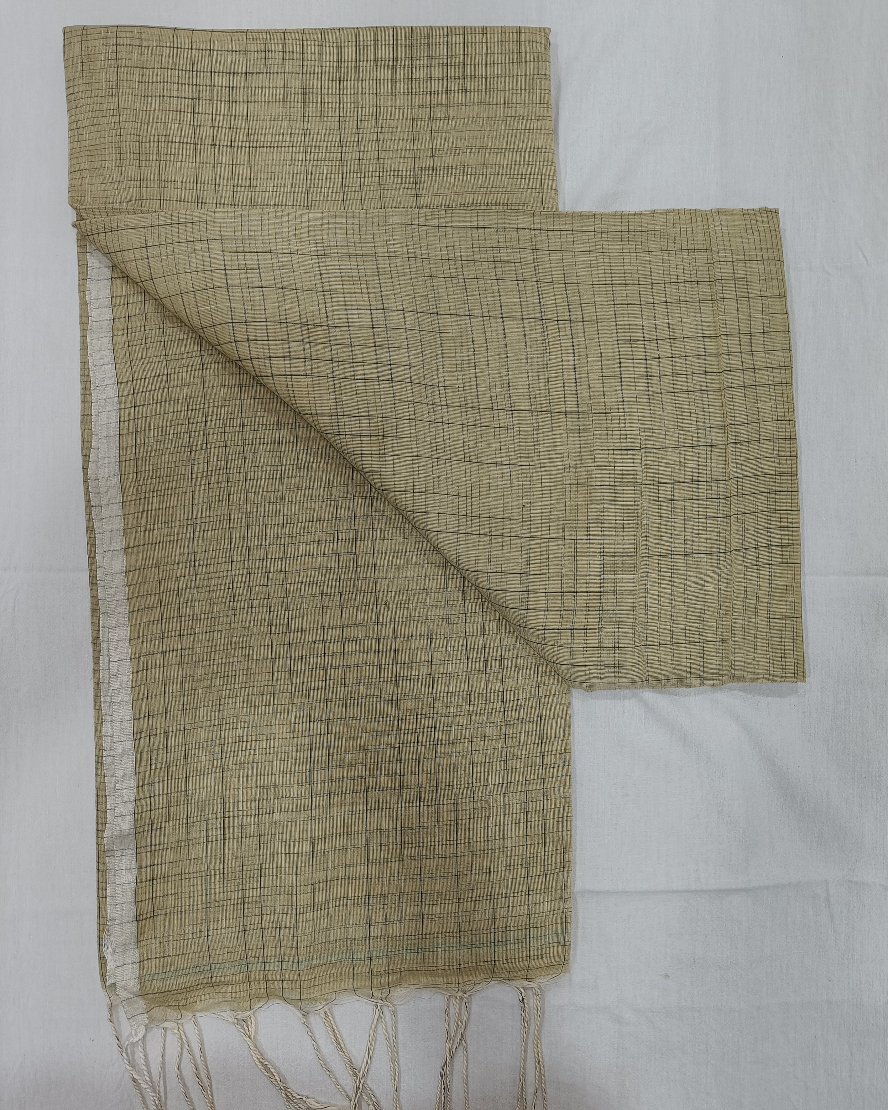 Cream Mulmul Saree with Black Khes Weaving All Over