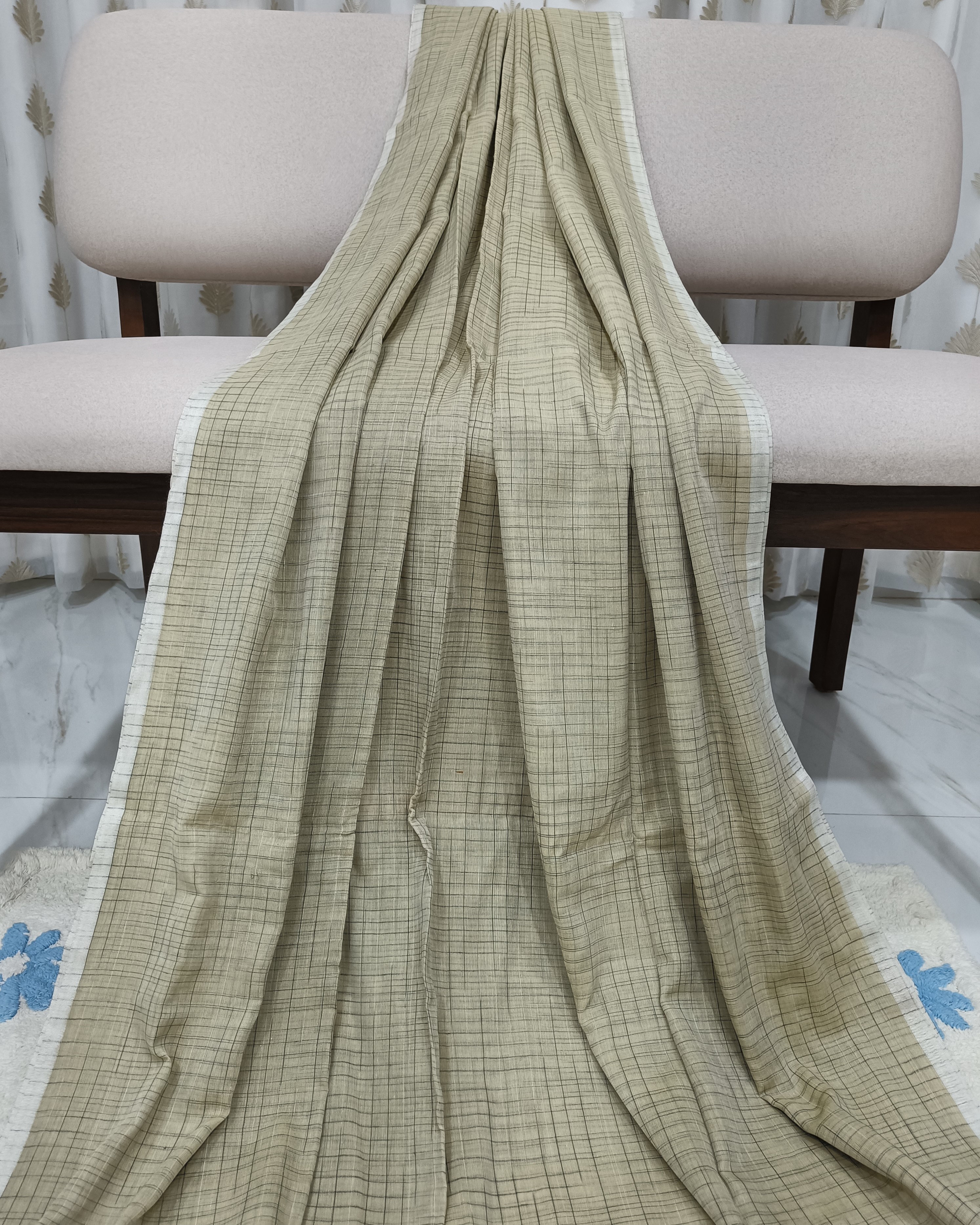 Cream Mulmul Saree with Black Khes Weaving All Over