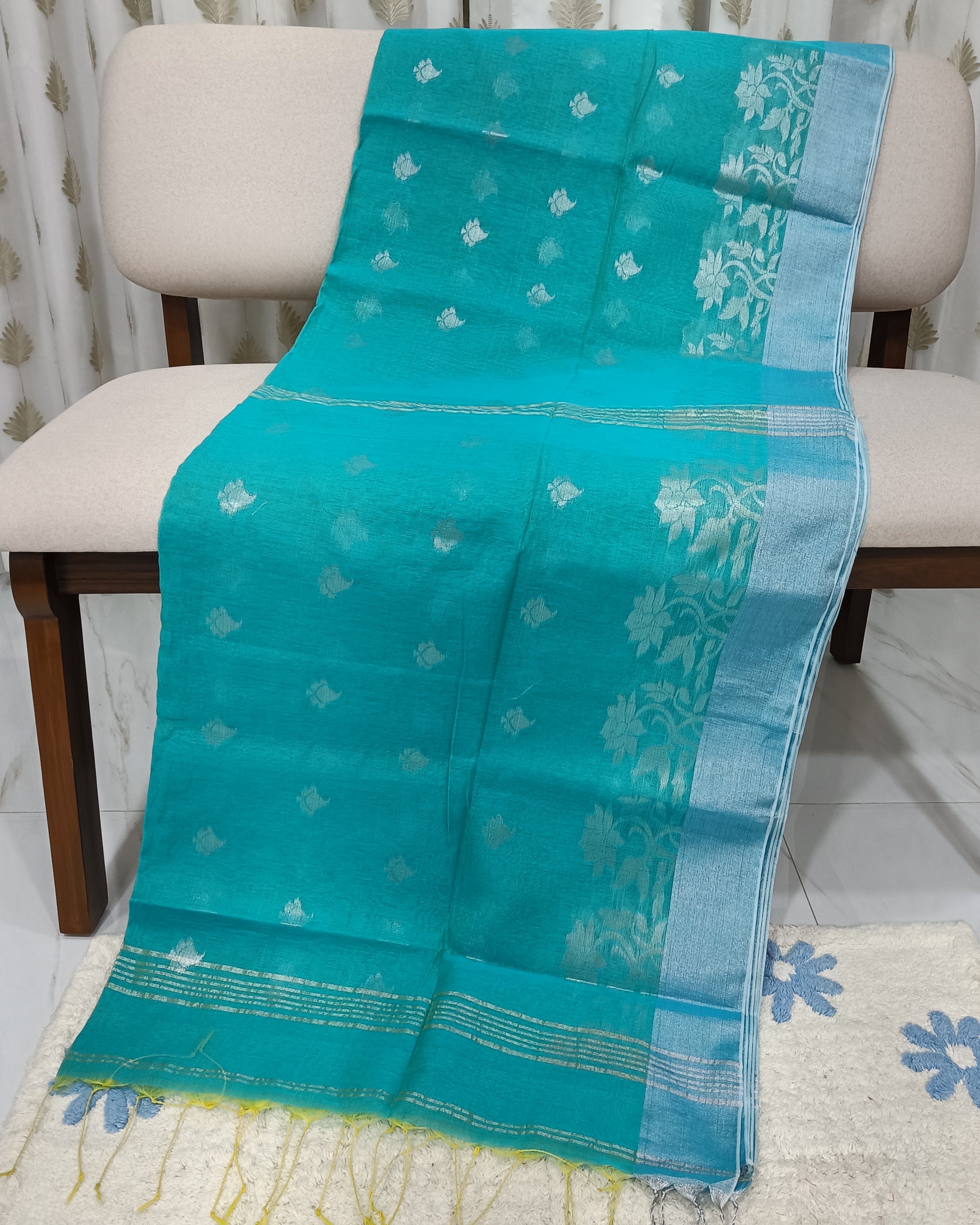 Aqua Blue Soft Semi Resham Saree with Big Threadwork Border in Silver Zari