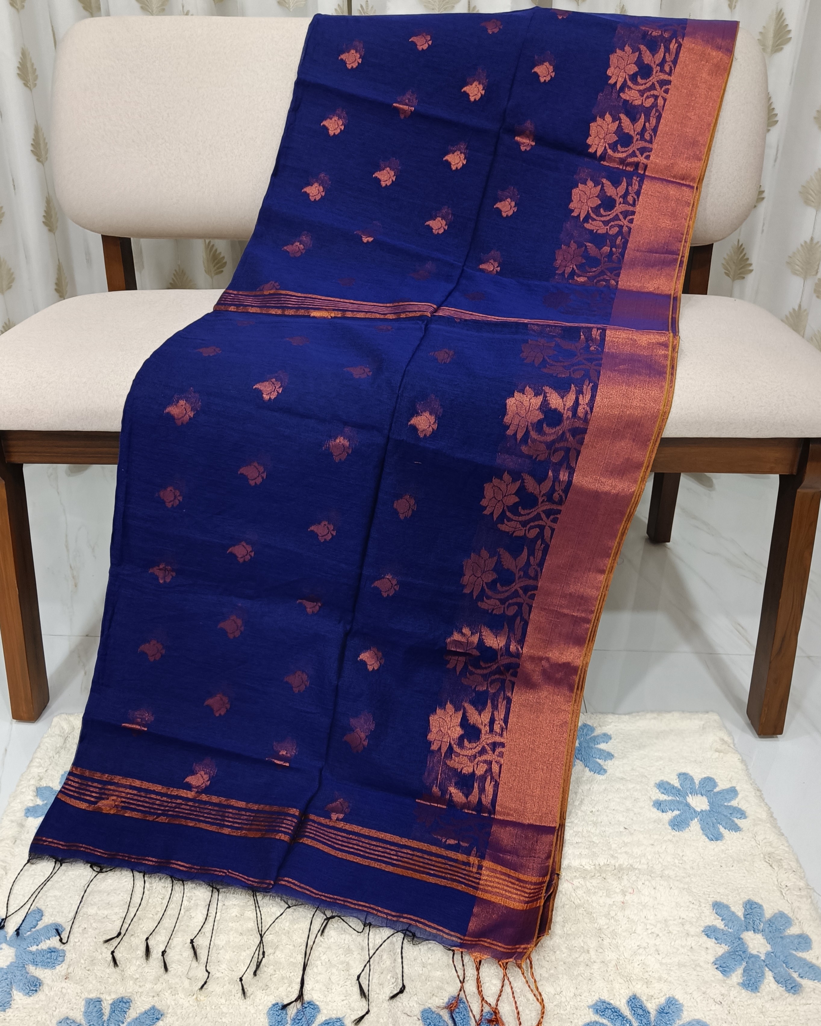 Royal Blue Soft Semi Resham Saree with Big Copper Zari Threadwork Border