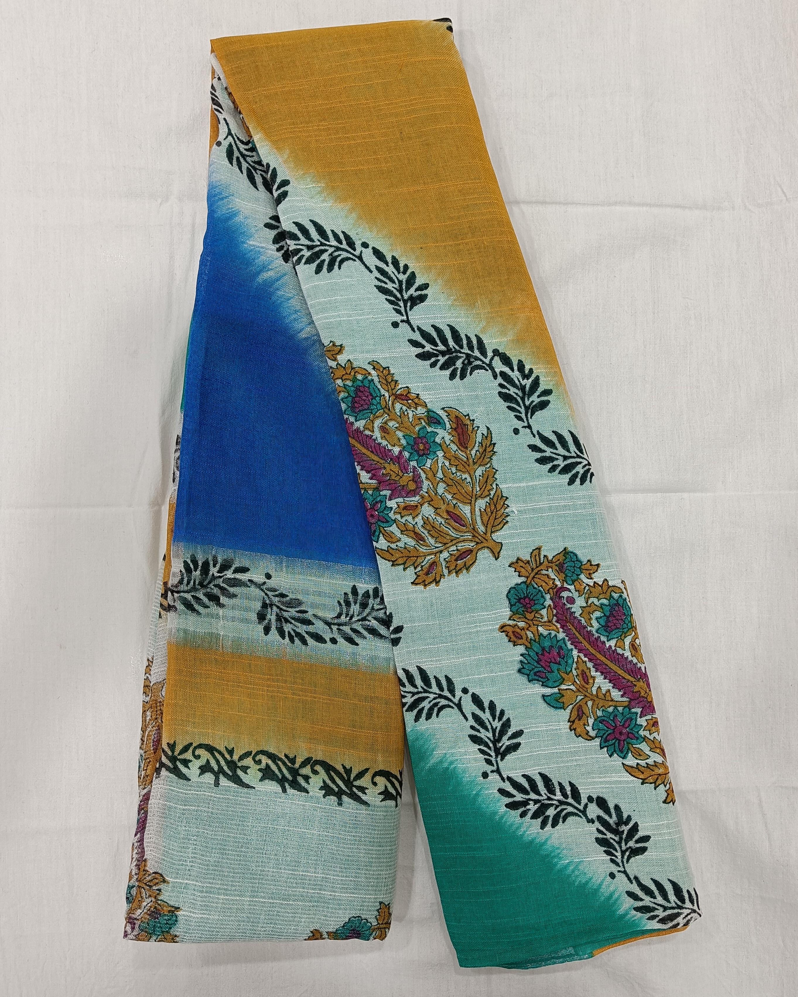 Bright Blue Linen Saree with Diagonal Design Printed All Over and Silver Zari Border