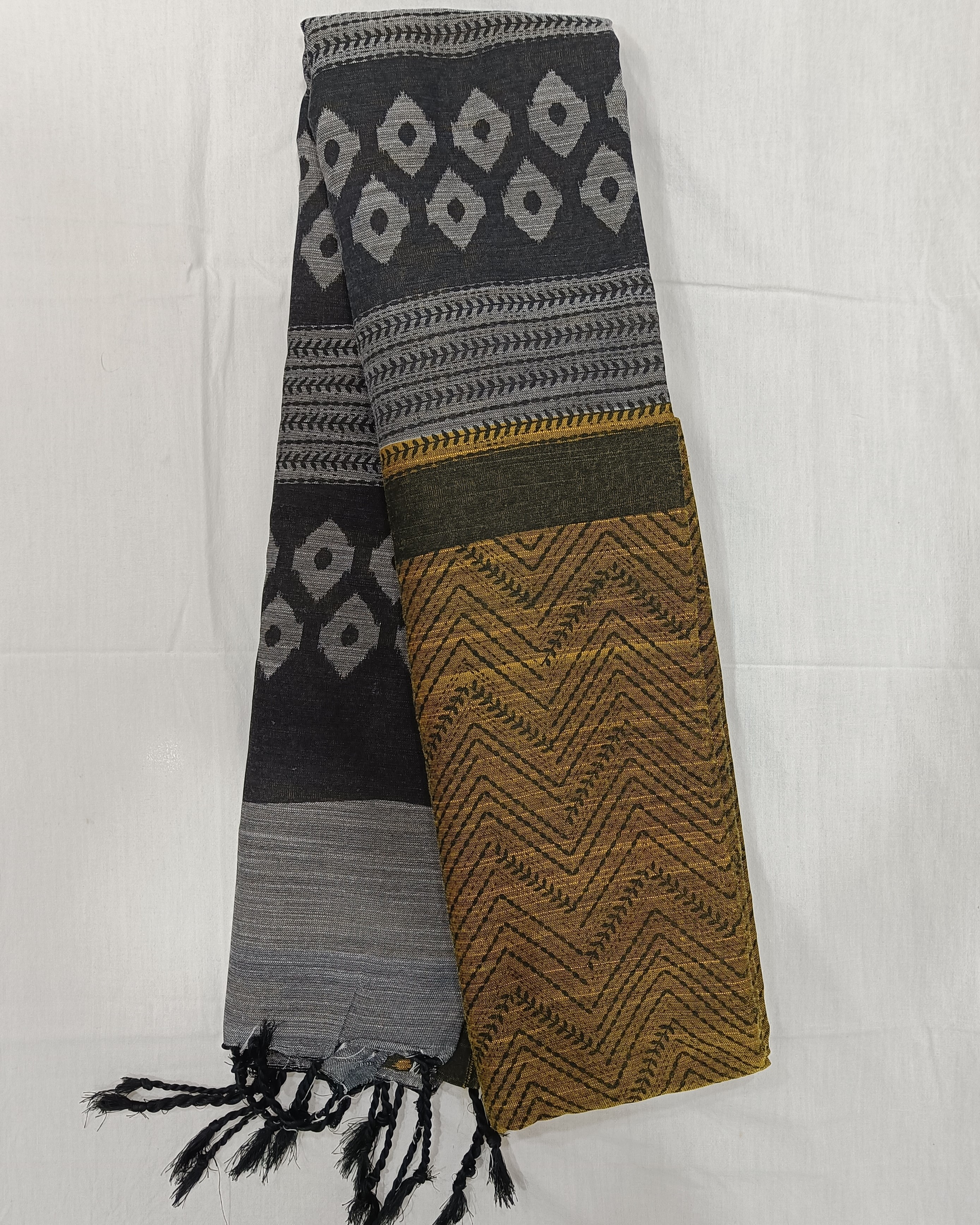 Mustard Zig Zag Print All Over with Ash and Black Print on Pallu