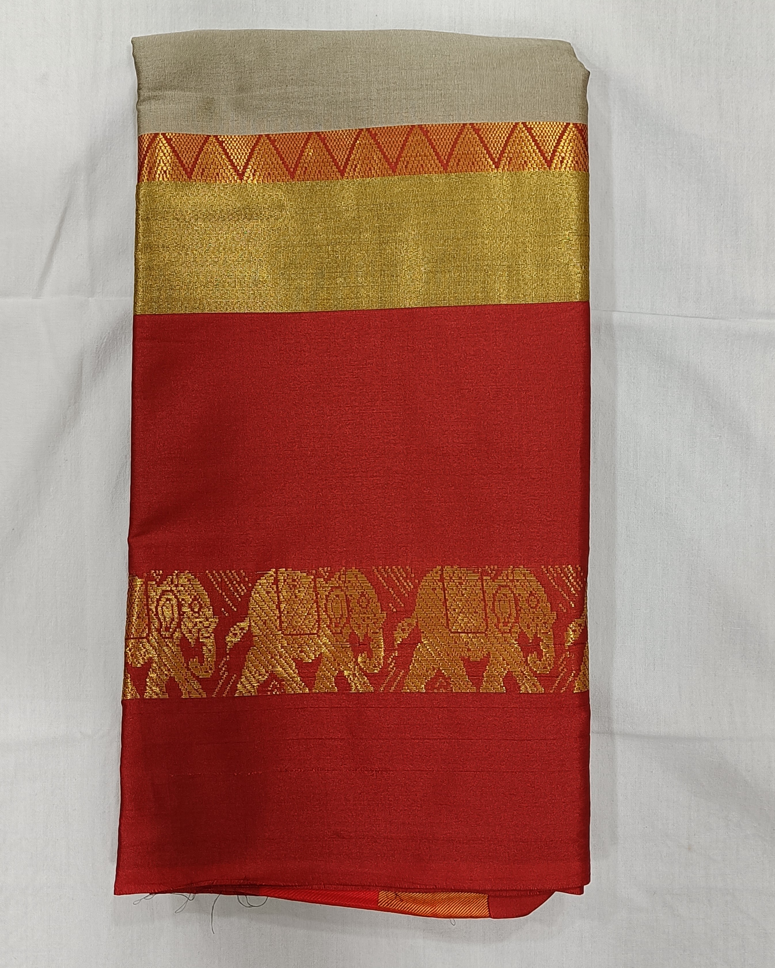 Silver Grey Saree with Red Satin Border having Elephant Motif in Golden Zari