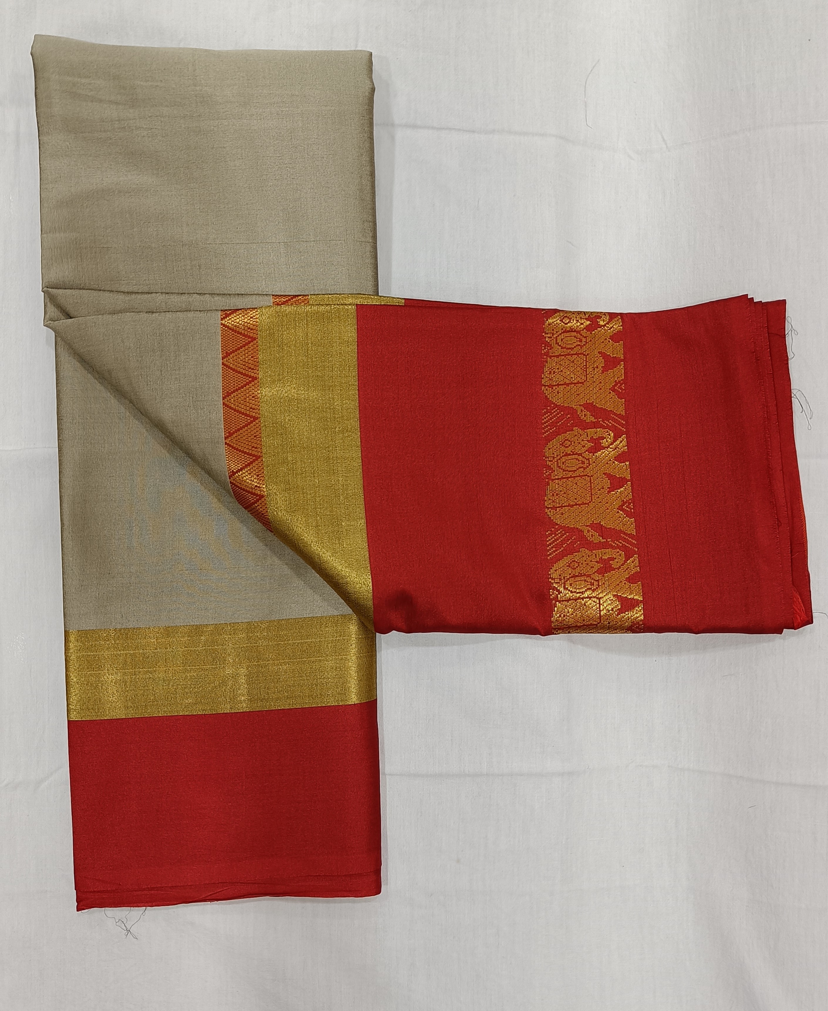 Silver Grey Saree with Red Satin Border having Elephant Motif in Golden Zari