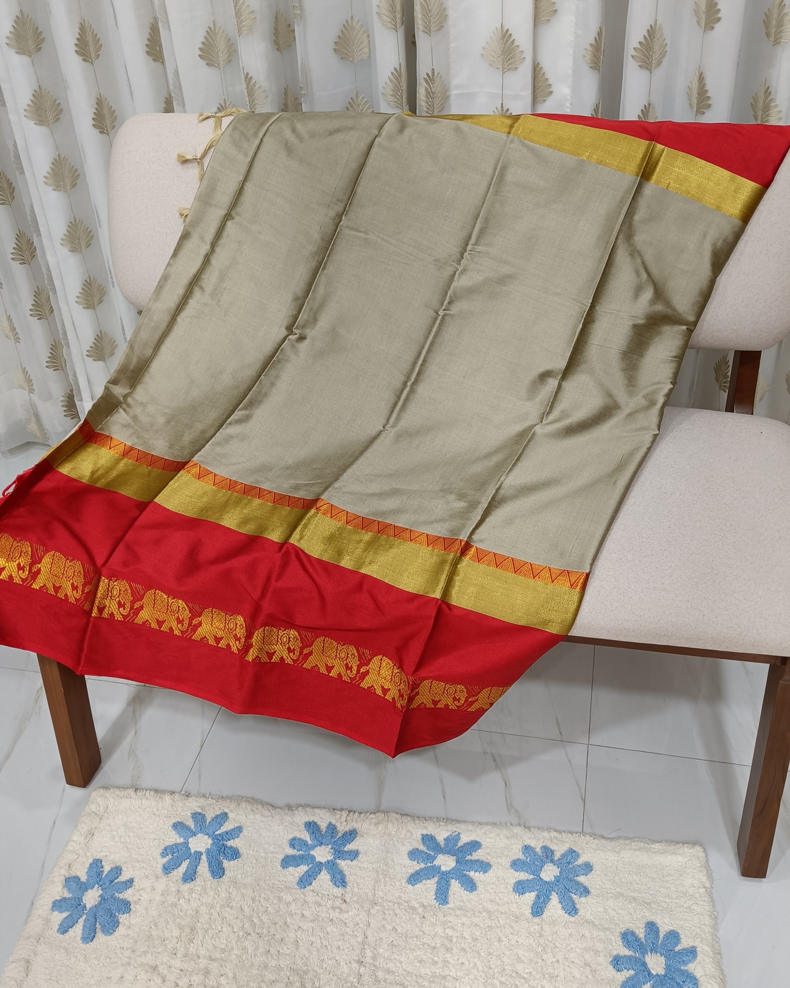 Silver Grey Saree with Red Satin Border having Elephant Motif in Golden Zari
