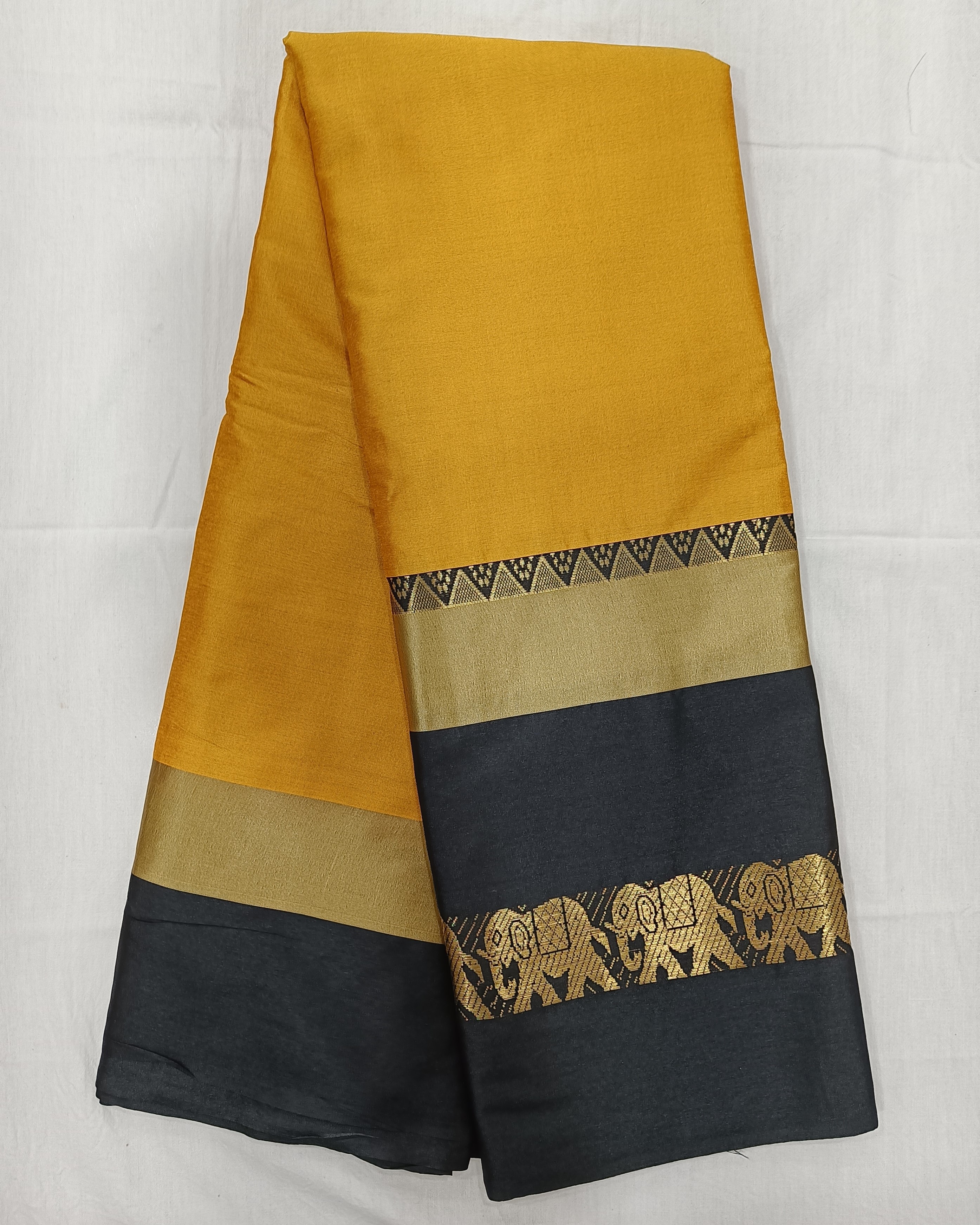 Mustard Yellow Saree with Black Satin Border having Elephant Motif in Golden Zari