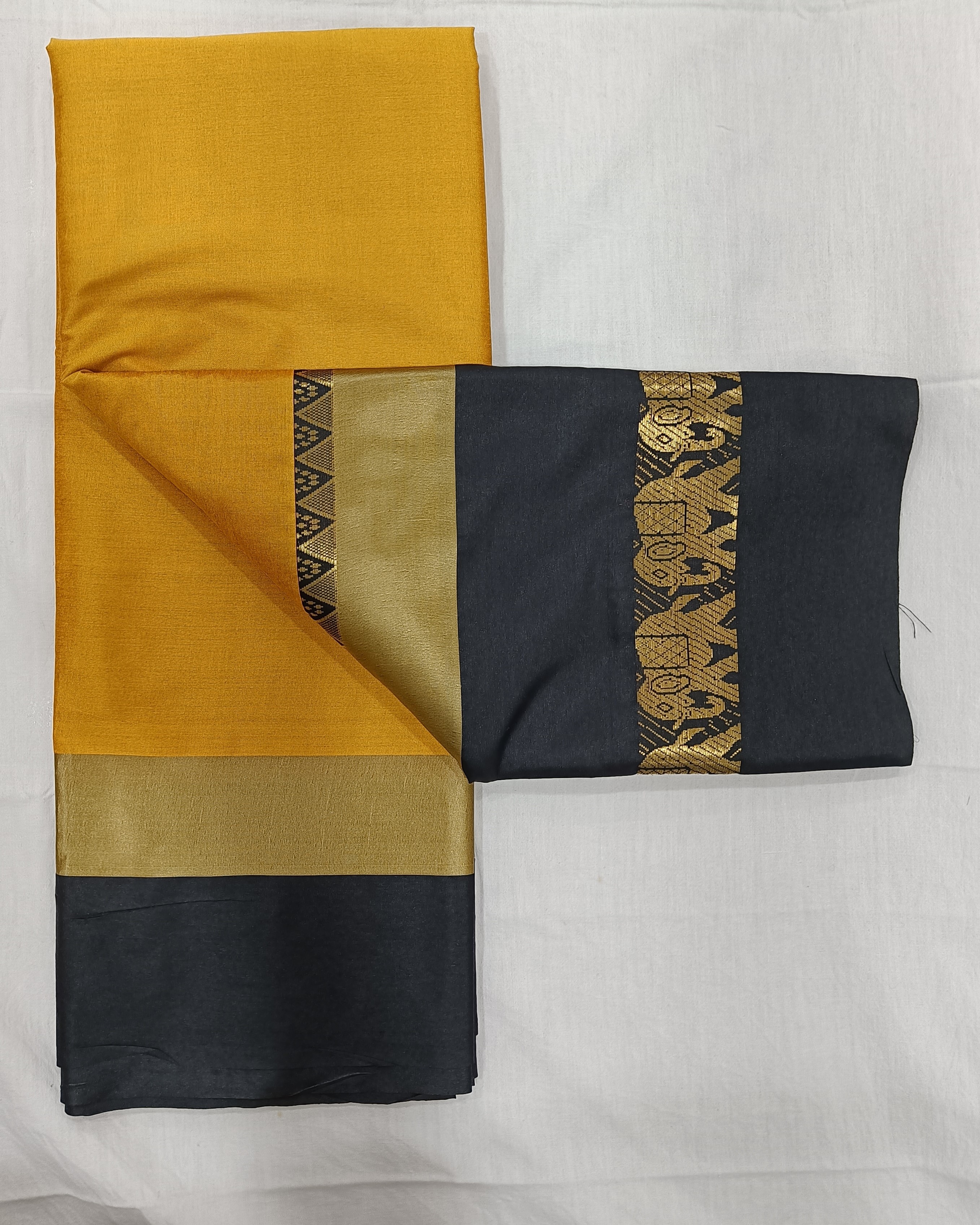 Mustard Yellow Saree with Black Satin Border having Elephant Motif in Golden Zari