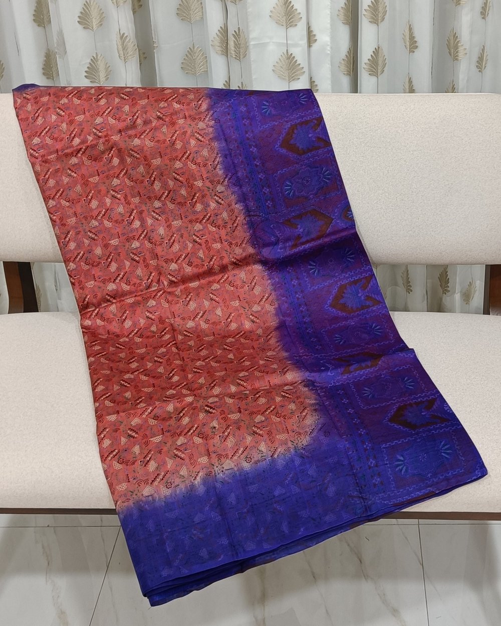 Orange Pure Silk Saree with Blue Pallu