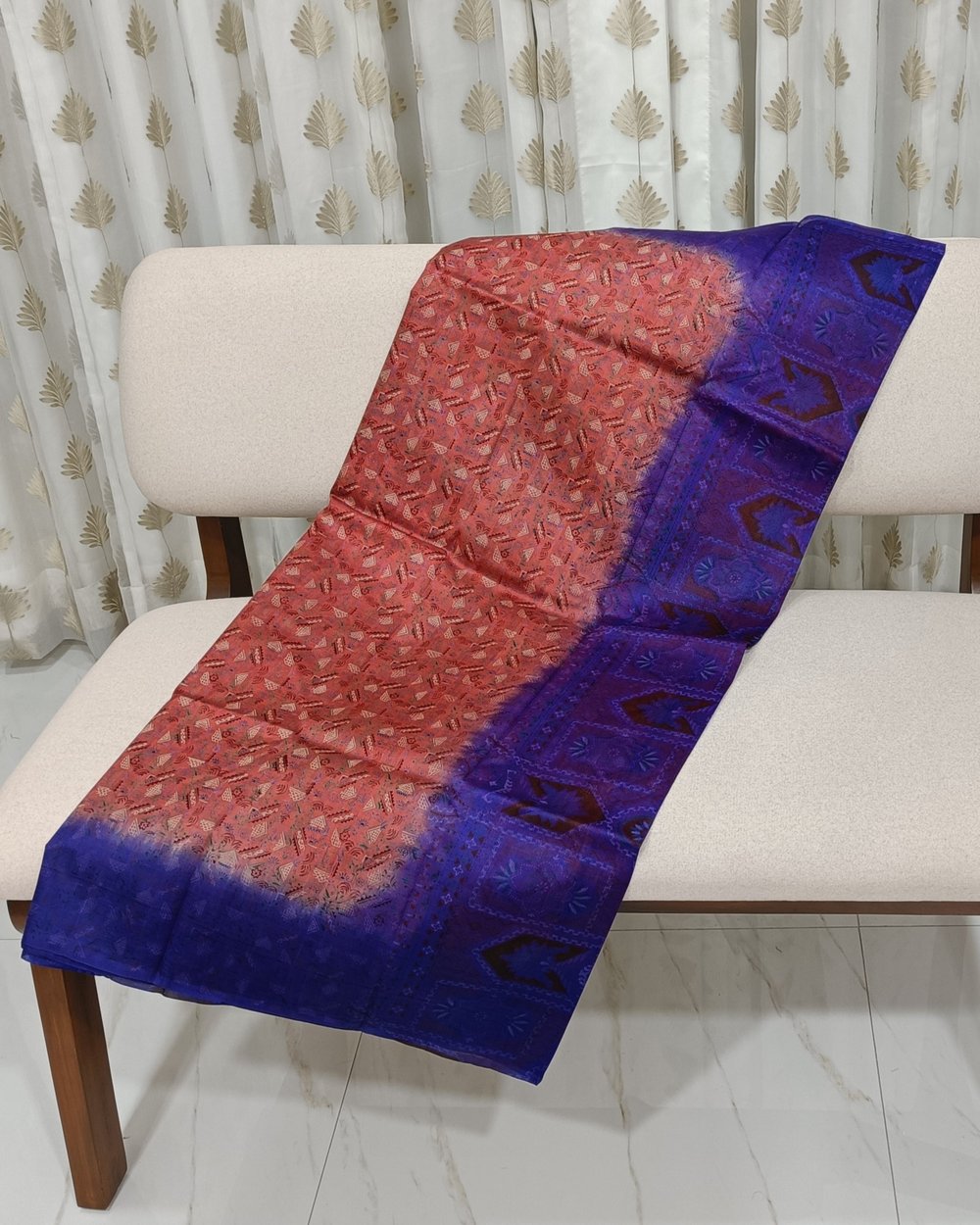 Orange Pure Silk Saree with Blue Pallu