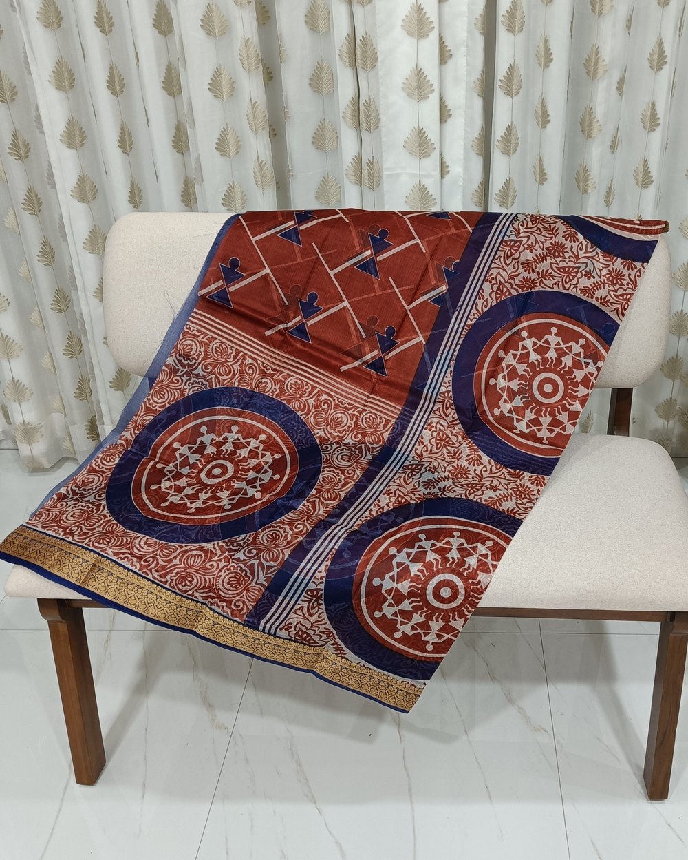  Orange & Blue Warli Print Pure Silk Saree