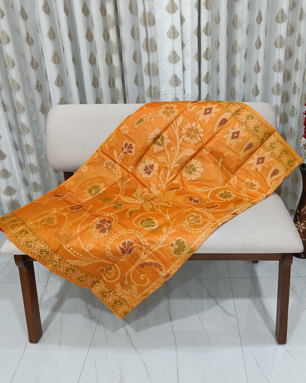 Orange Tussar Silk Saree with Golden Design