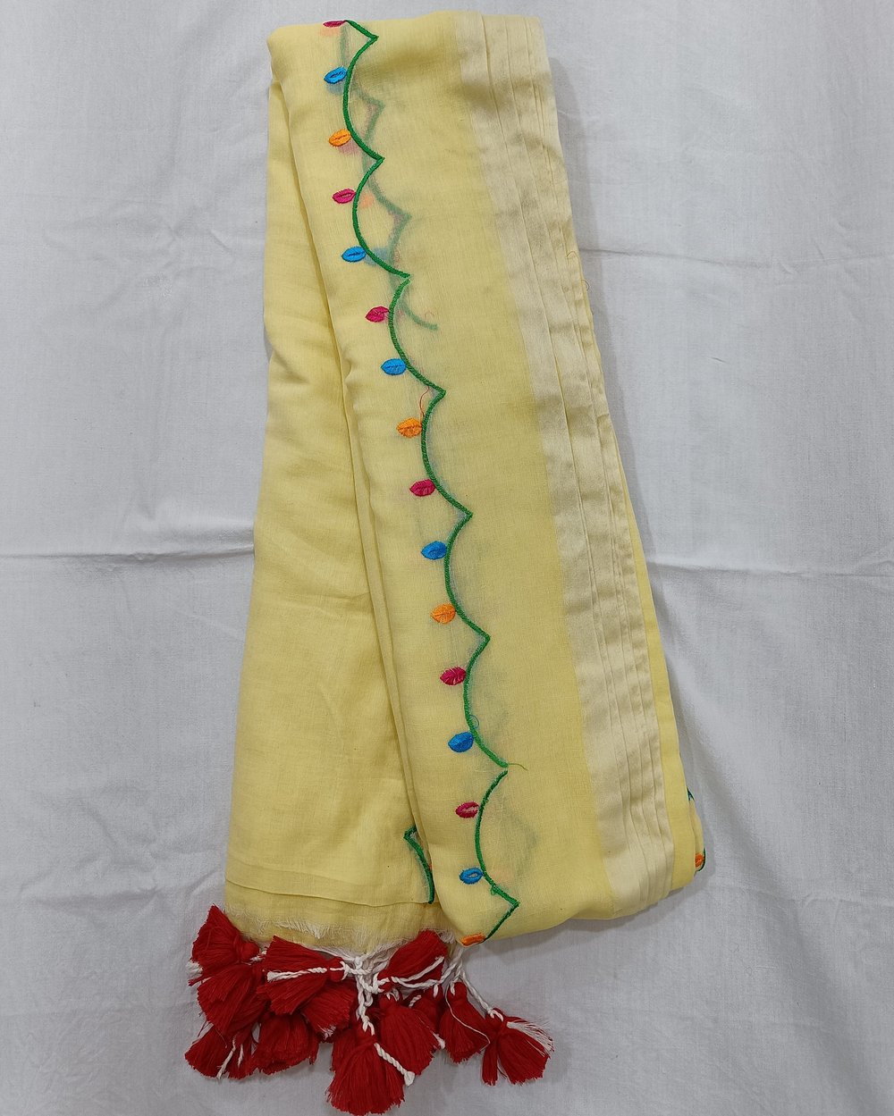 Yellow Mulmul Saree with Colorful Floral Embroidery