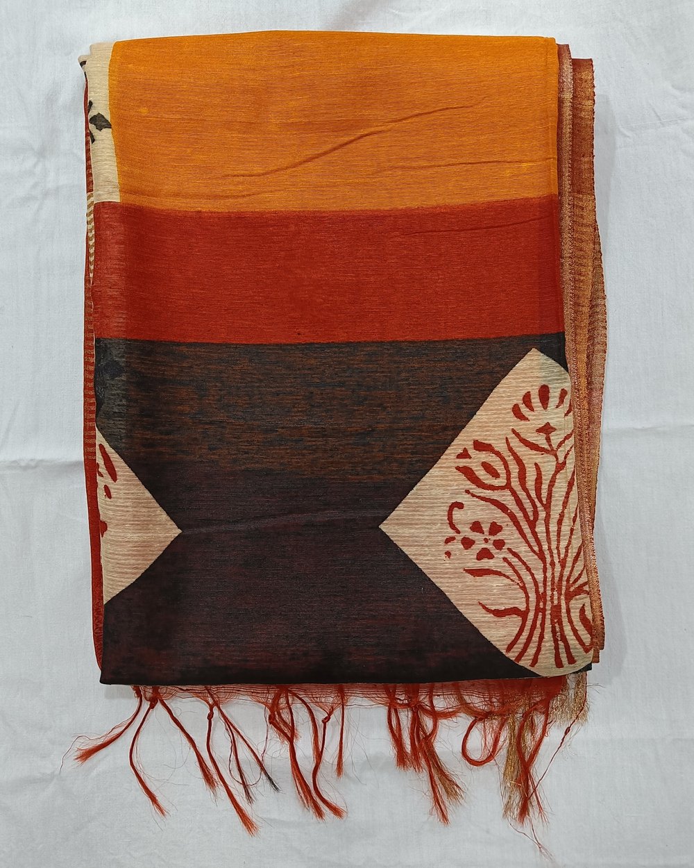 Bapta Silk Handblock Printed Saree In Mustard, Red and Black Color 