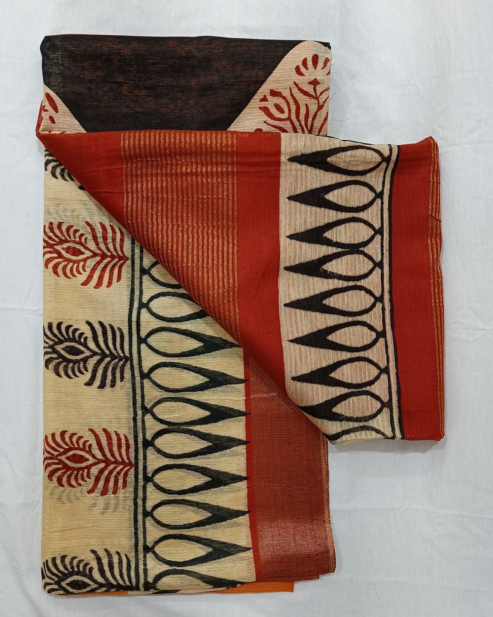 Bapta Silk Handblock Printed Saree In Mustard, Red and Black Color 