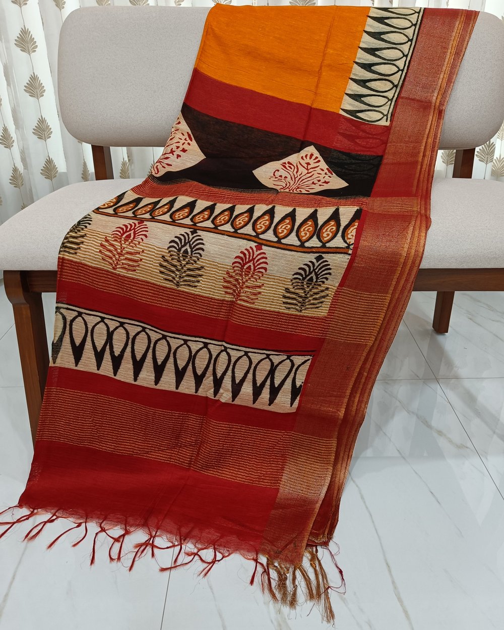 Bapta Silk Handblock Printed Saree In Mustard, Red and Black Color