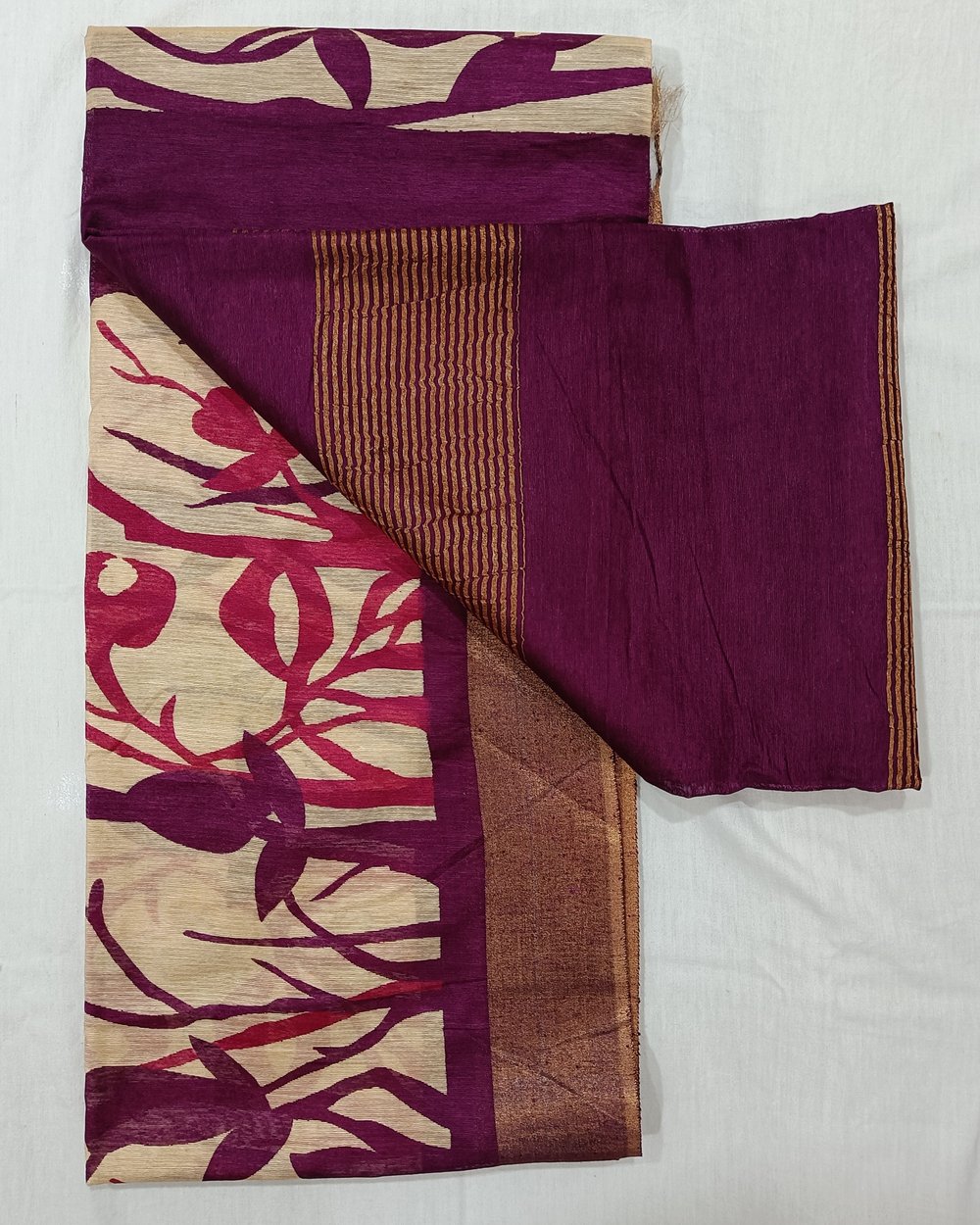Bapta Silk Handblock Printed Saree In Cream Color With Purple Pallu and Border 