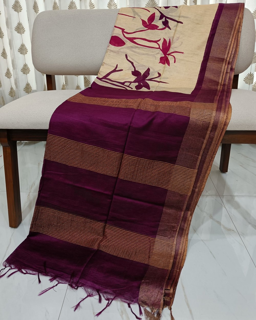 Bapta Silk Handblock Printed Saree In Cream Color With Purple Pallu and Border 