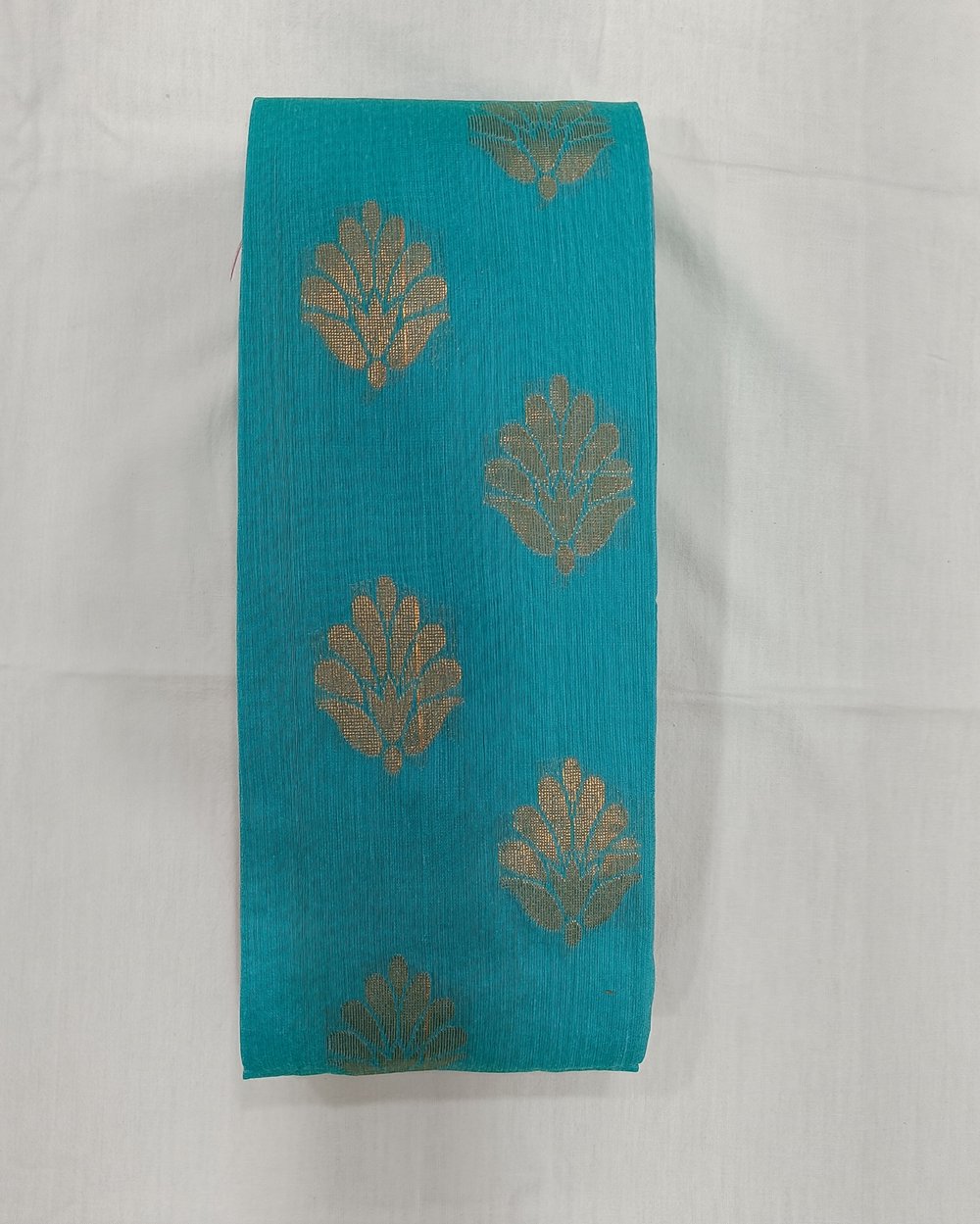 Aqua Blue Color Cotton Saree With Golden Butas and Zari Work on Brown Pallu