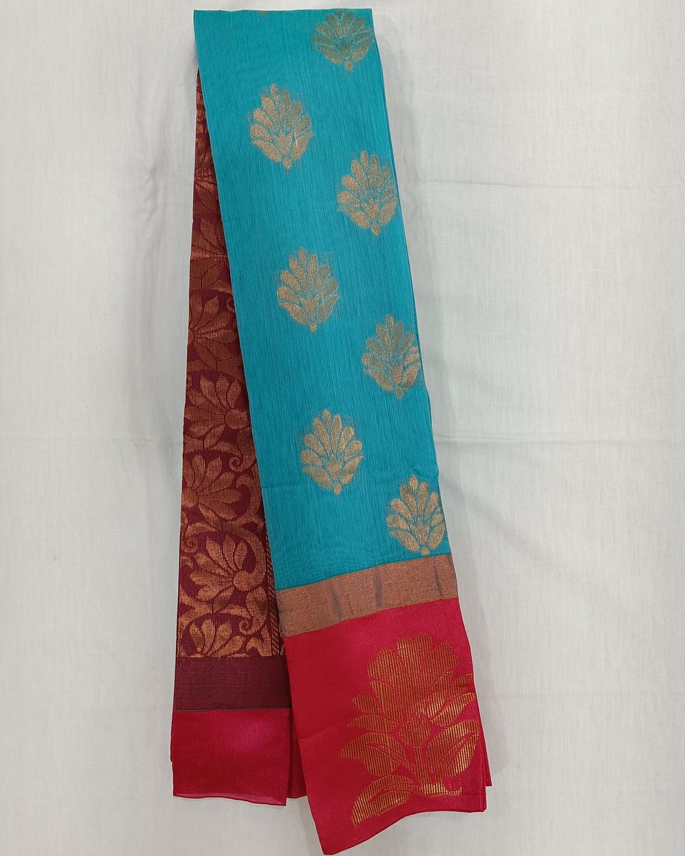 Aqua Blue Color Cotton Saree With Golden Butas and Zari Work on Brown Pallu