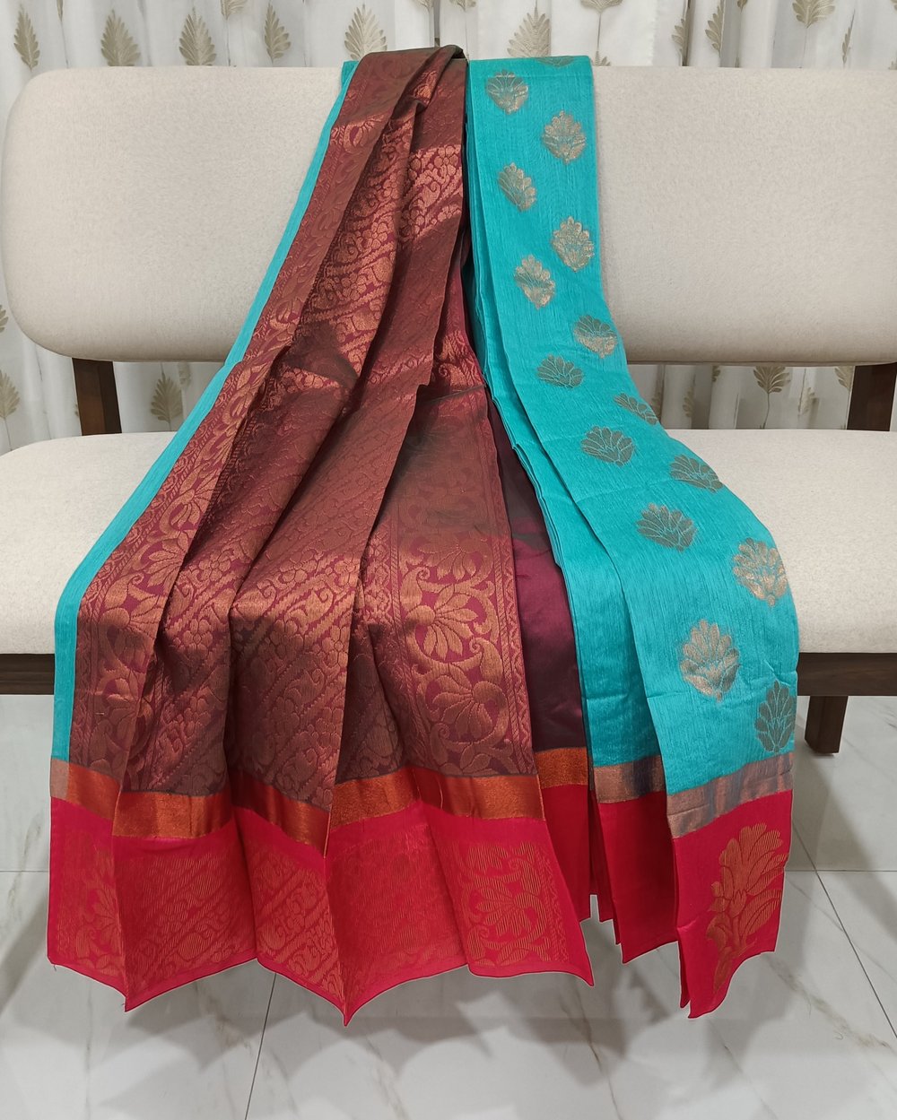 Aqua Blue Color Cotton Saree With Golden Butas and Zari Work on Brown Pallu