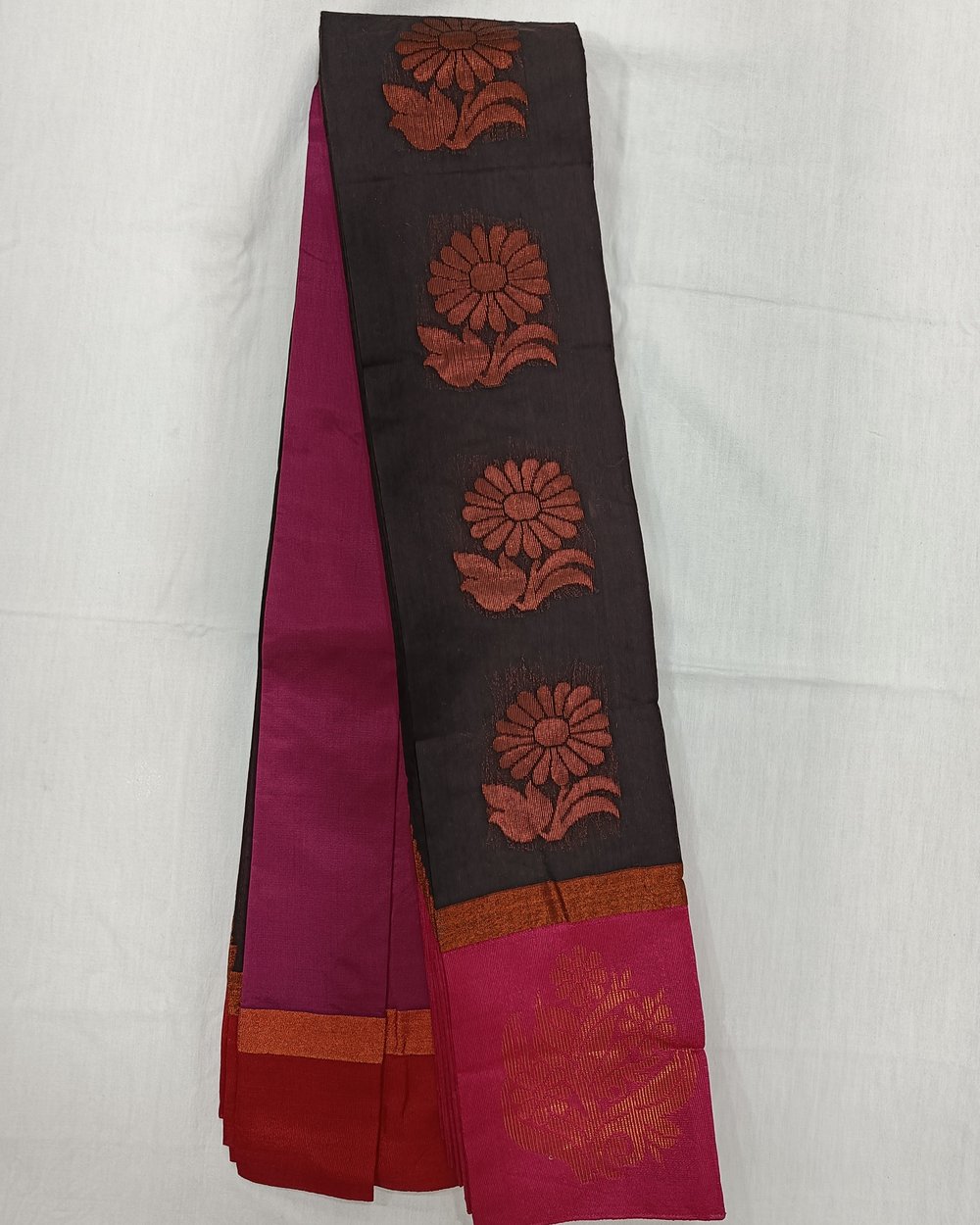 Black Color Cotton Saree With Golden Butas and Zari Work on Pink Pallu