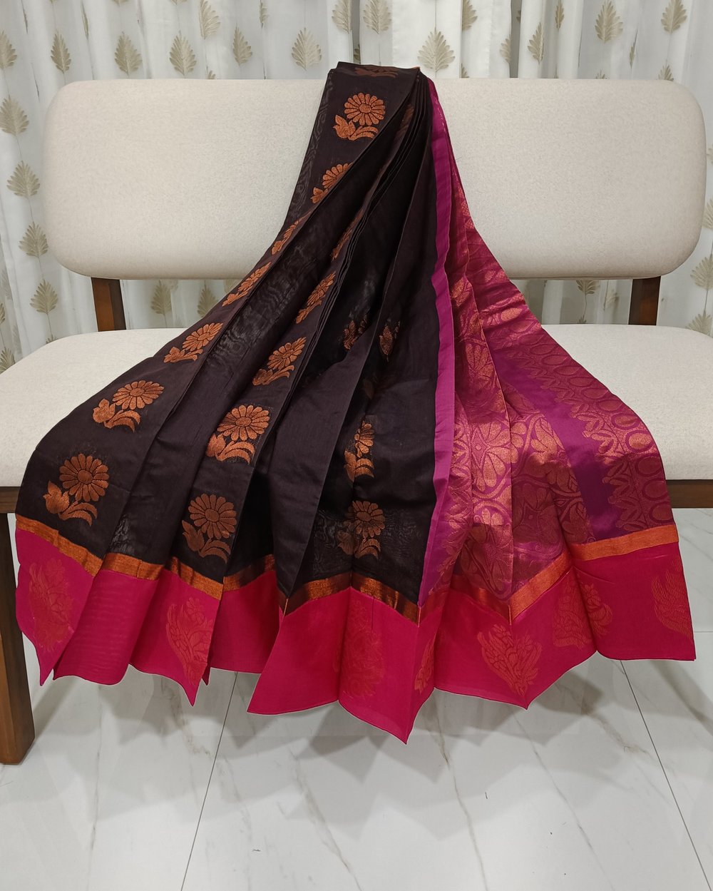 Black Color Cotton Saree With Golden Butas and Zari Work on Pink Pallu