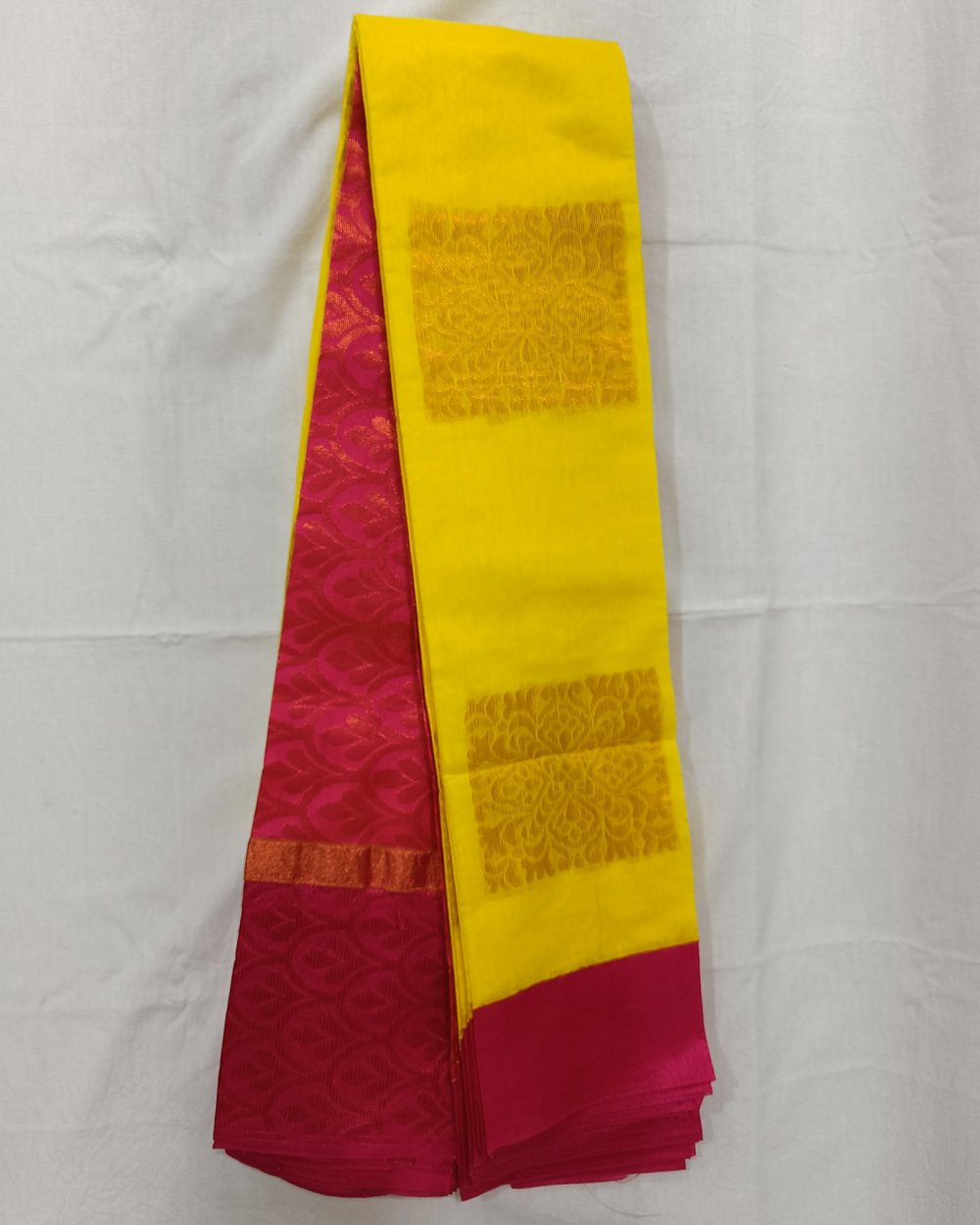 Yellow Color Cotton Saree With Golden Butas and Zari Work on Pink Pallu