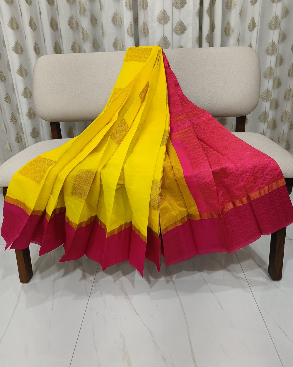 Yellow Color Cotton Saree With Golden Butas and Zari Work on Pink Pallu