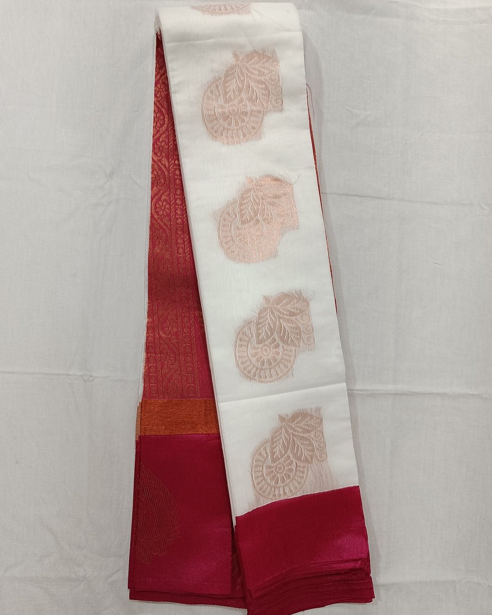 White Color Cotton Saree With Golden Butas and Zari Work on Pink Pallu