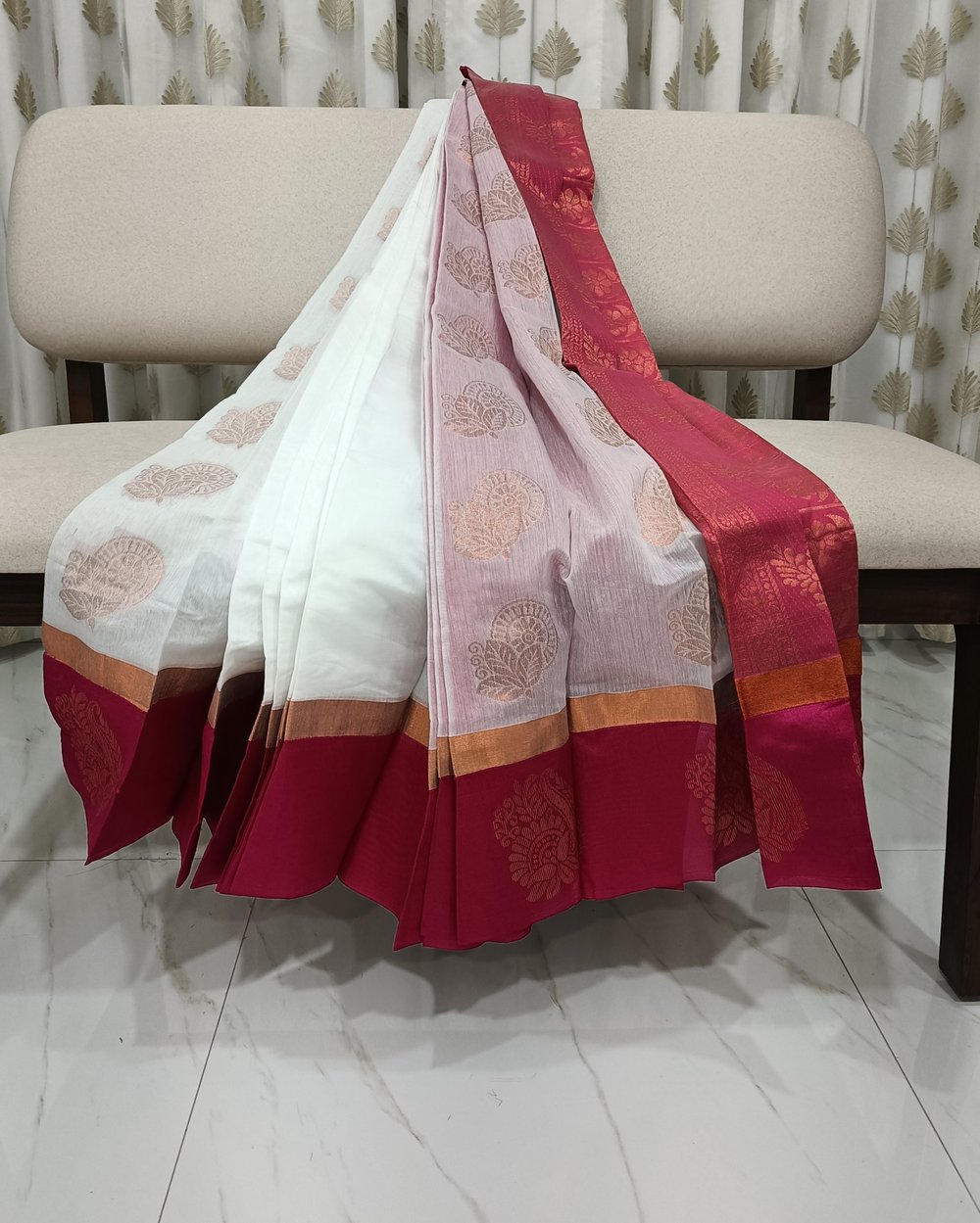 White Color Cotton Saree With Golden Butas and Zari Work on Pink Pallu