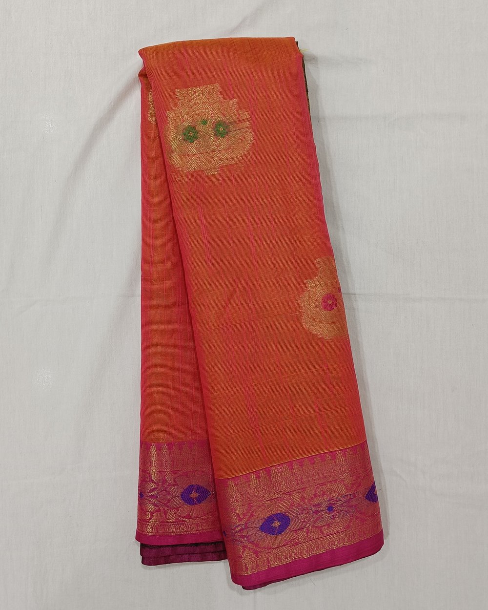 Soft Muga Silk Saree in Pinkish Orange and Green Pallu