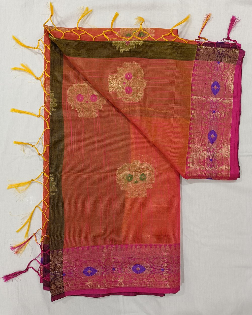 Soft Muga Silk Saree in Pinkish Orange and Green Pallu