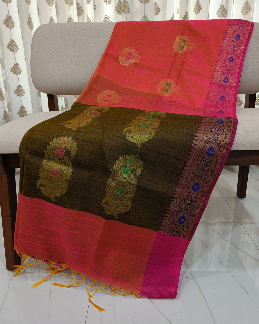 Soft Muga Silk Saree in Pinkish Orange and Green Pallu