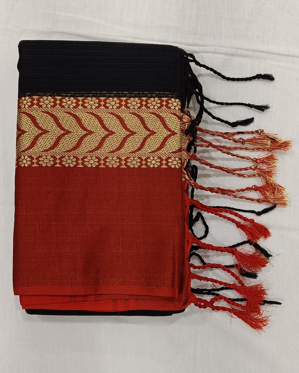 Black Cotton Saree And Red Border With Golden Zari Weaving 