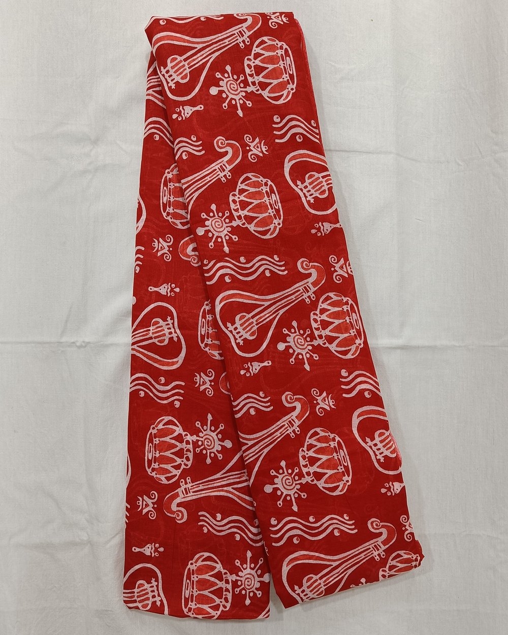 Red Color Pure Cotton Chanderi Saree With Musical Instruments Printed