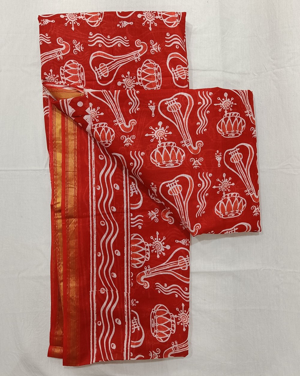 Red Color Pure Cotton Chanderi Saree With Musical Instruments Printed