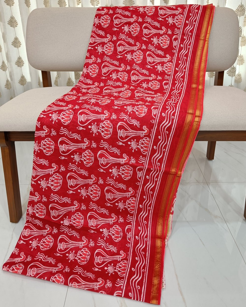 Red Color Pure Cotton Chanderi Saree With Musical Instruments Printed
