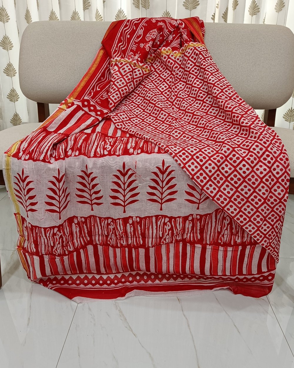 Red Color Pure Cotton Chanderi Saree With Musical Instruments Printed