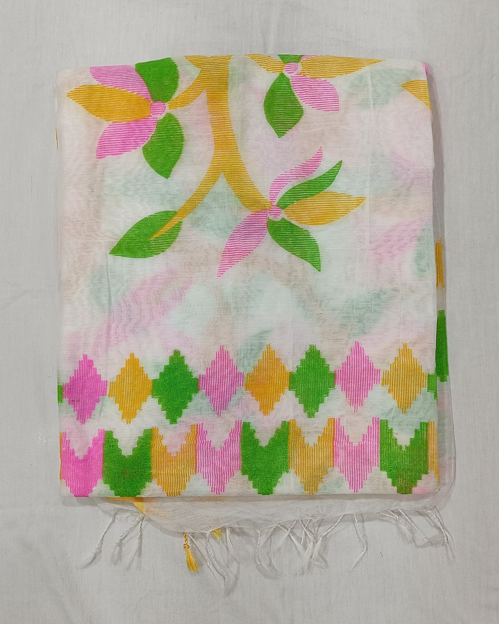 White Cotton Blended Saree With Colorful Floral Print